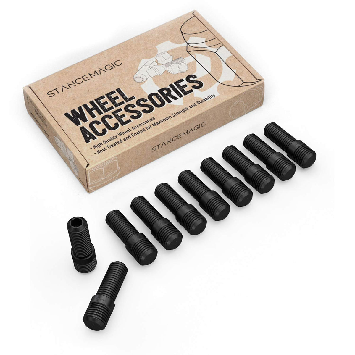 10pcs Black Wheel Stud Conversion - 14x1.5 to 12x1.5, 50mm Total Length, 32mm Shank Length - Compatible with Audi Mercedes Volks