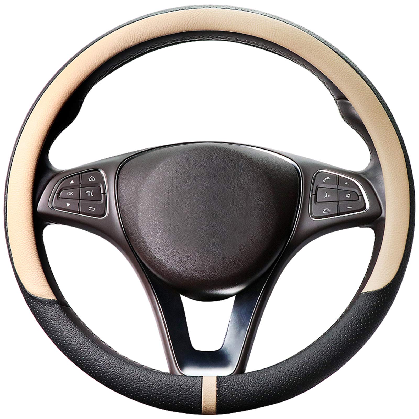 Cofit Breathable Car Steering Wheel Cover Leather Auto Universal 15 Inch Non-Slip Wrap Protection, Beige (Suit For 14 1/2-15 Inc