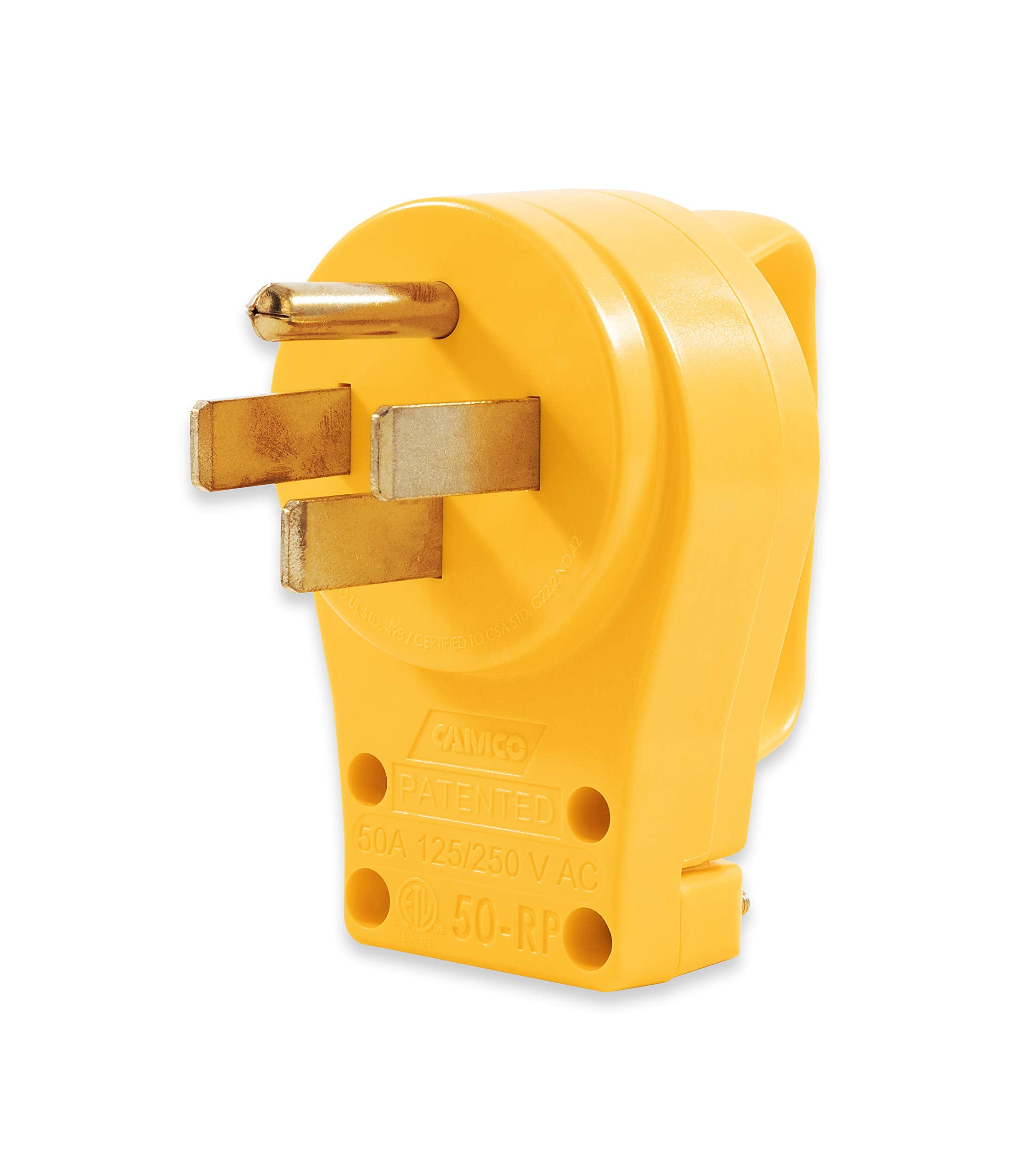 Camco Power Grip Camper/RV Replacement Plug - Attach 50 Amp Plug to Existing RV Extension Cord - Features 50 Amp RV Plug (NEMA 14-50P) & Ergonomic Designed Handle - Rated 125-250V/12,500W (55255)