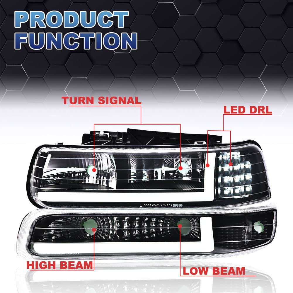 Pit66 Led Headlights, Compatible With 99-02 Chevy Silverado 1500 2500/01-02 Silverado 1500Hd 2500Hd 3500/00-06 Tahoe Suburban 1500 2500 Clear Lens Black Housing Clear Reflector