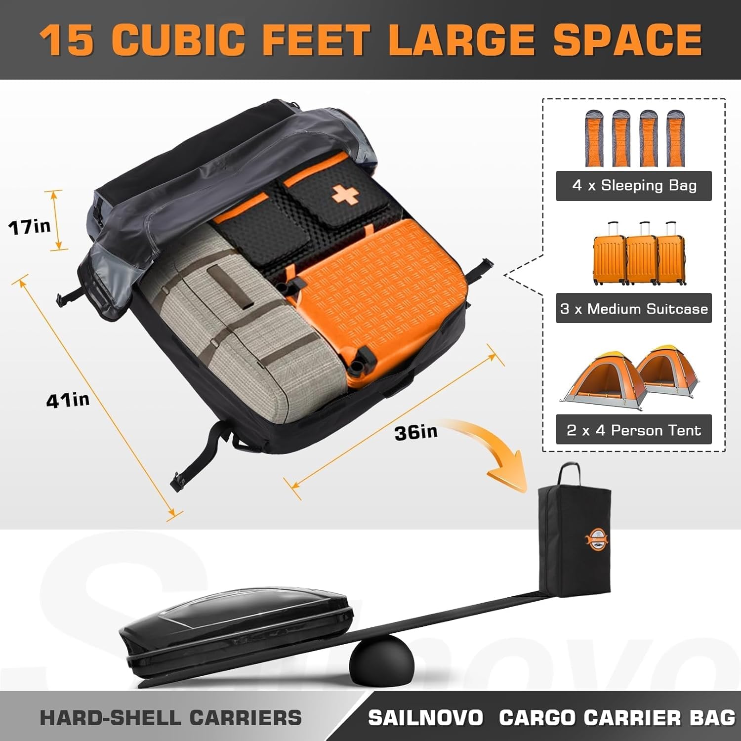 Sailnovo Car Rooftop Cargo Carrier Roof Bag Waterproof 15 Cubic Feet For Top Of Vehicle With/Without Rack Car Top Carrier With 4*Door Hooks, Reinforced Straps & Storage Bag 1000D