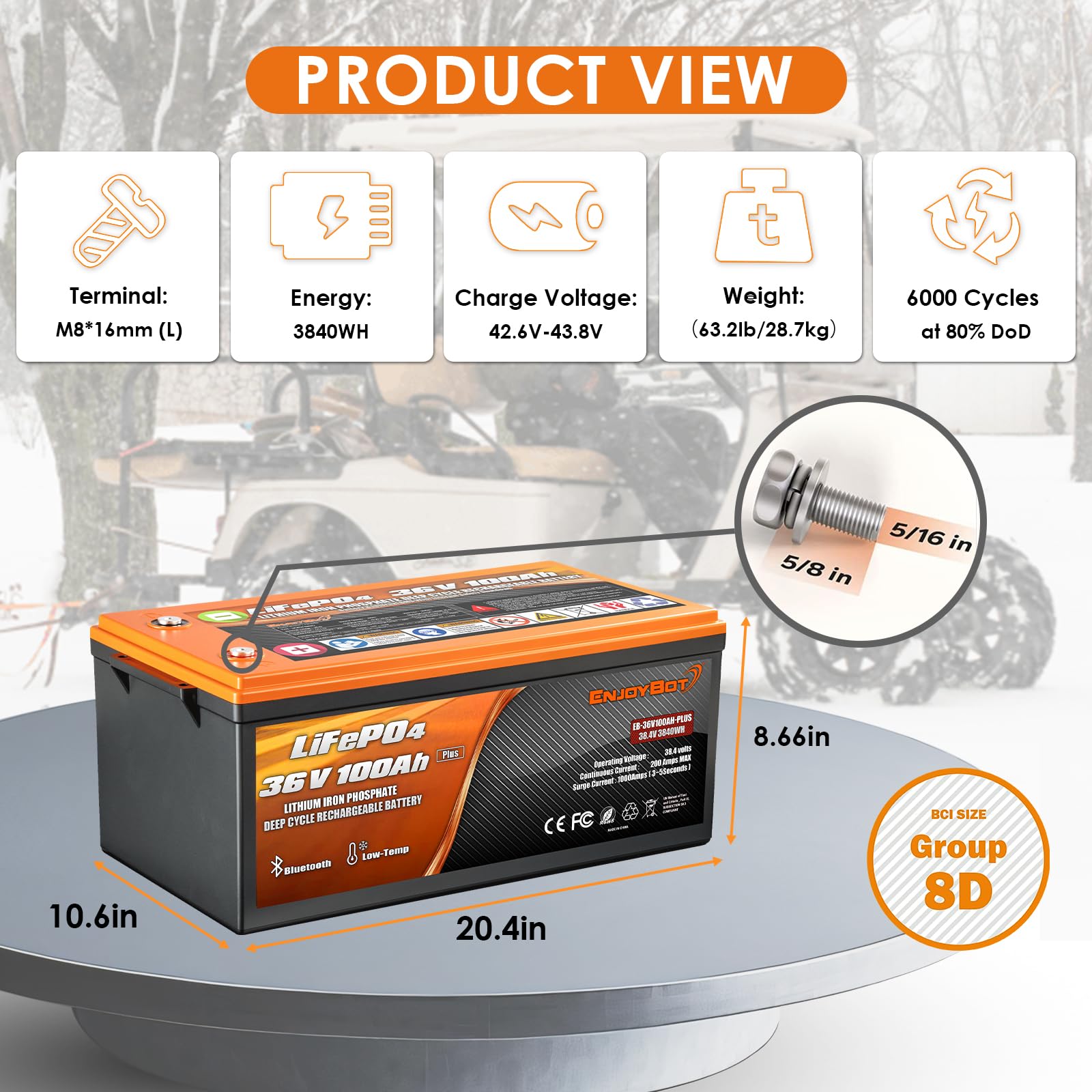 Enjoybot 36V 100Ah Plus Lifepo4 Lithium Battery, Built-In 200A Bms And Bluetooth, Support 2 Series Connection, Low Temp Cut-Off