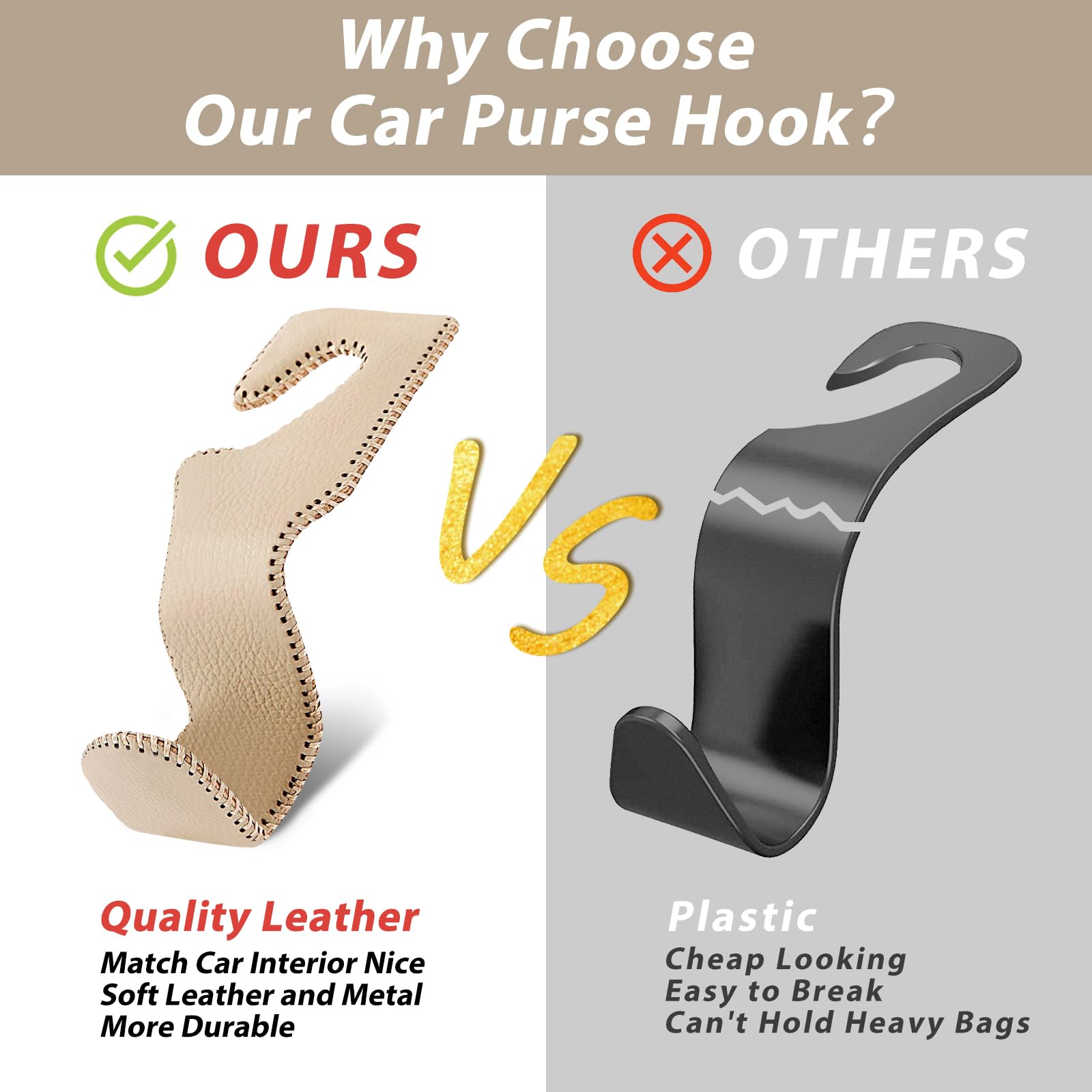 Etre Jeune Purse Hook for Car, Purse Holder Car Headrest Hooks Leather for Hanging Purses and Bags, 2 Pack Beige