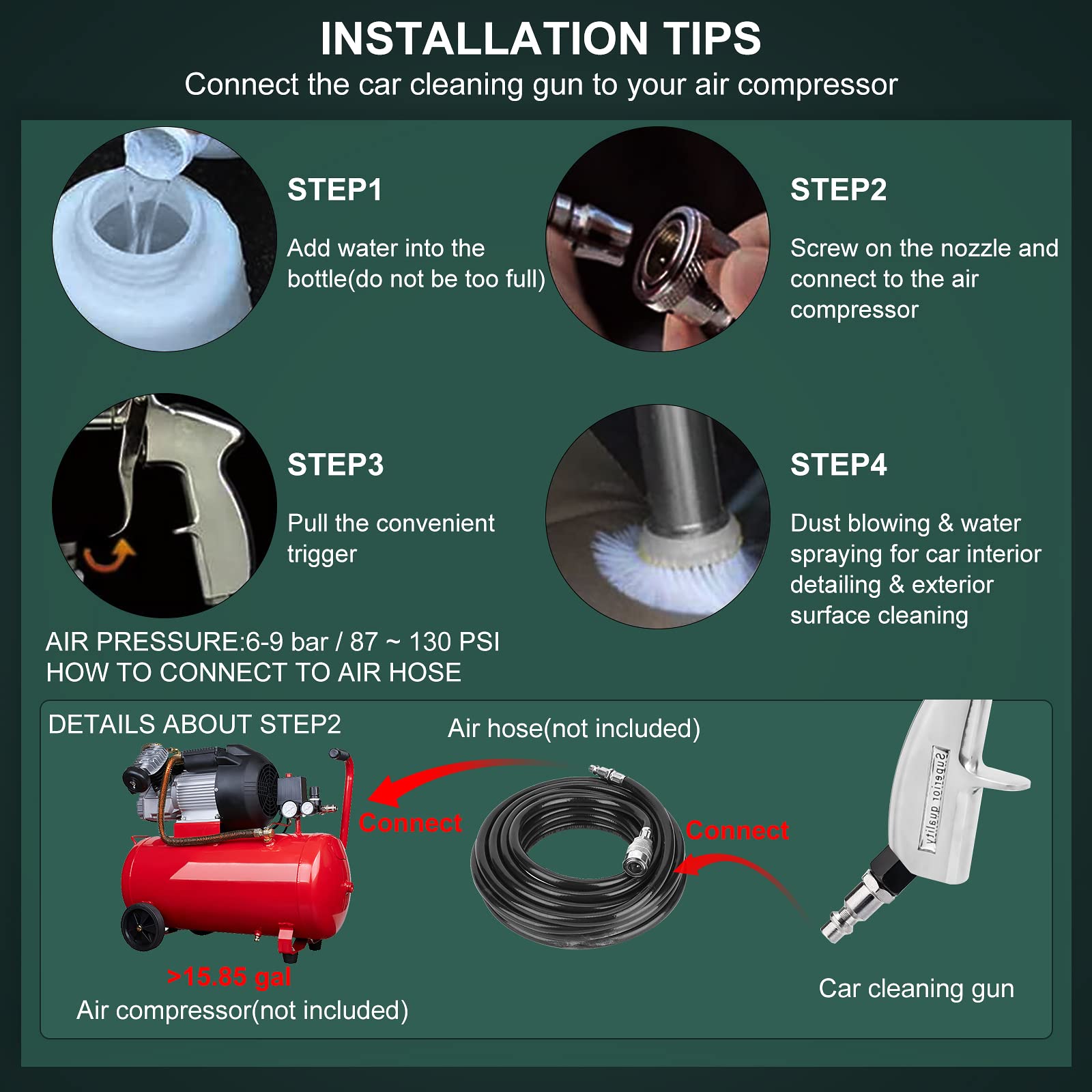 Cprosp High Pressure Car Cleaning Gun Jet Cleaner, Car Interior Cleaner Detailing Wash Gun, Wash Spray Bottle Nozzle With Metal Spinner