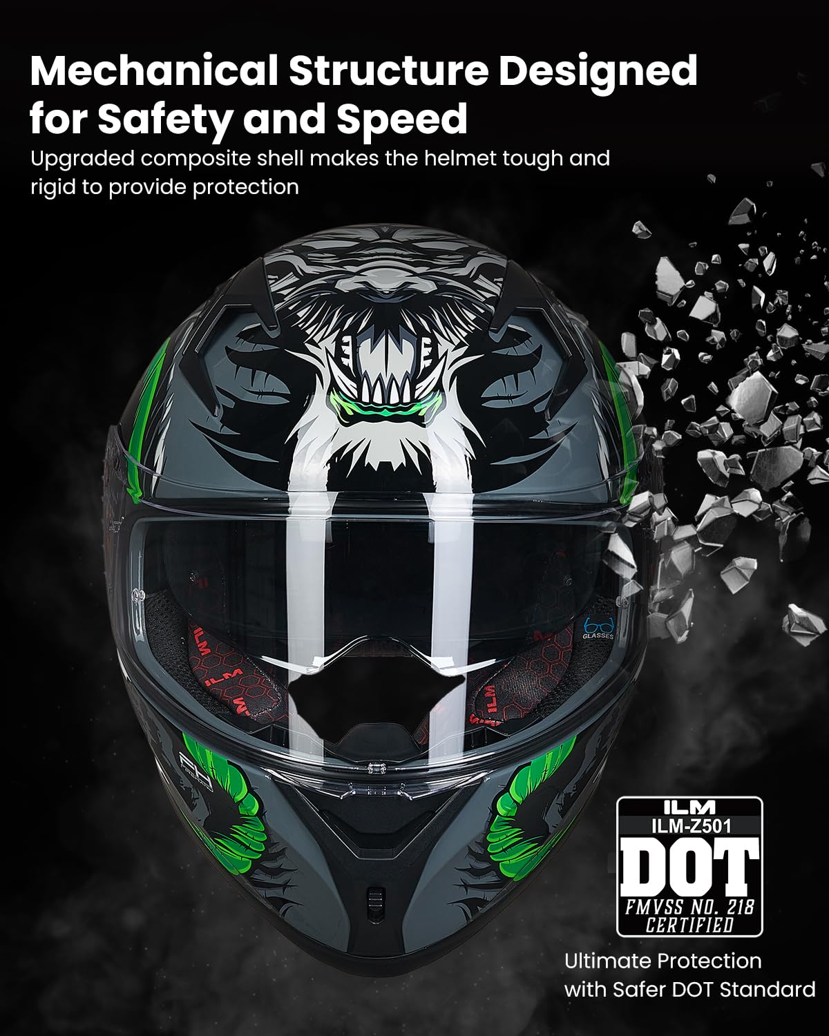 Ilm Motorcycle Helmet Full Face With Pinlock Compatible Clear&Tinted Visors And Fins Street Bike Motocross Casco Dot Model Z501(Legend Green, Xx-Large)