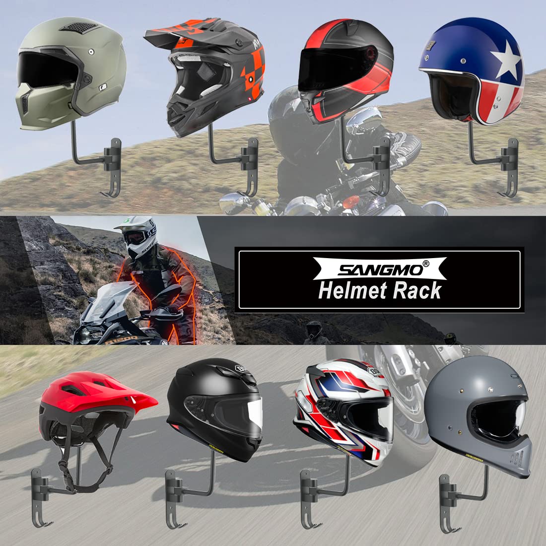 Sangmo Grey 180 Motorcycle Helmet Rack, Rotation Metal Wall Mounted Holder With 2 Hooks For Bike Coats, Caps, Baseballs (2 Pcs)