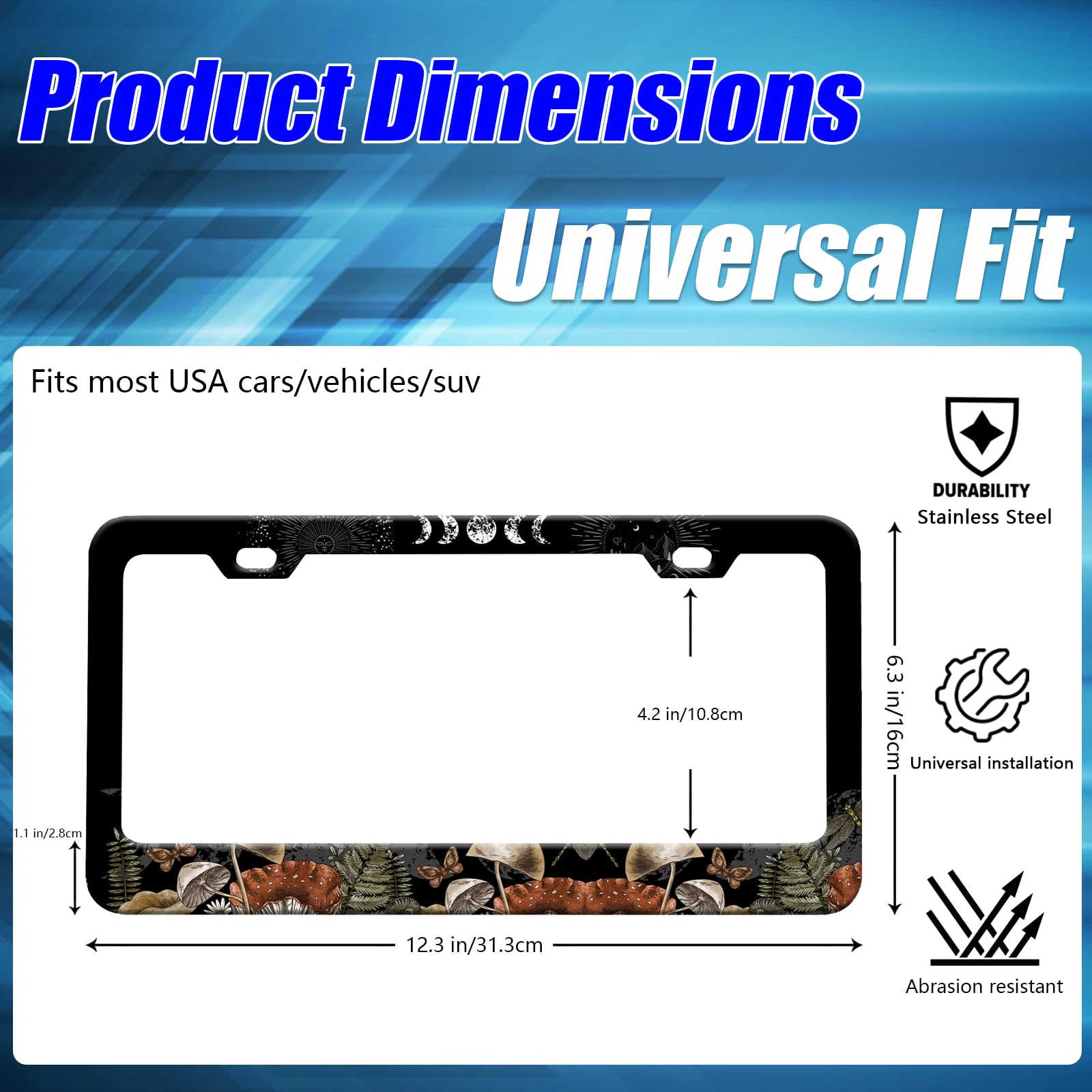 Forest Witch Magic Mushroom License Plate Frames Moon Phase License Plate Holder for Car Decor Parts Stainless Steel License Pla