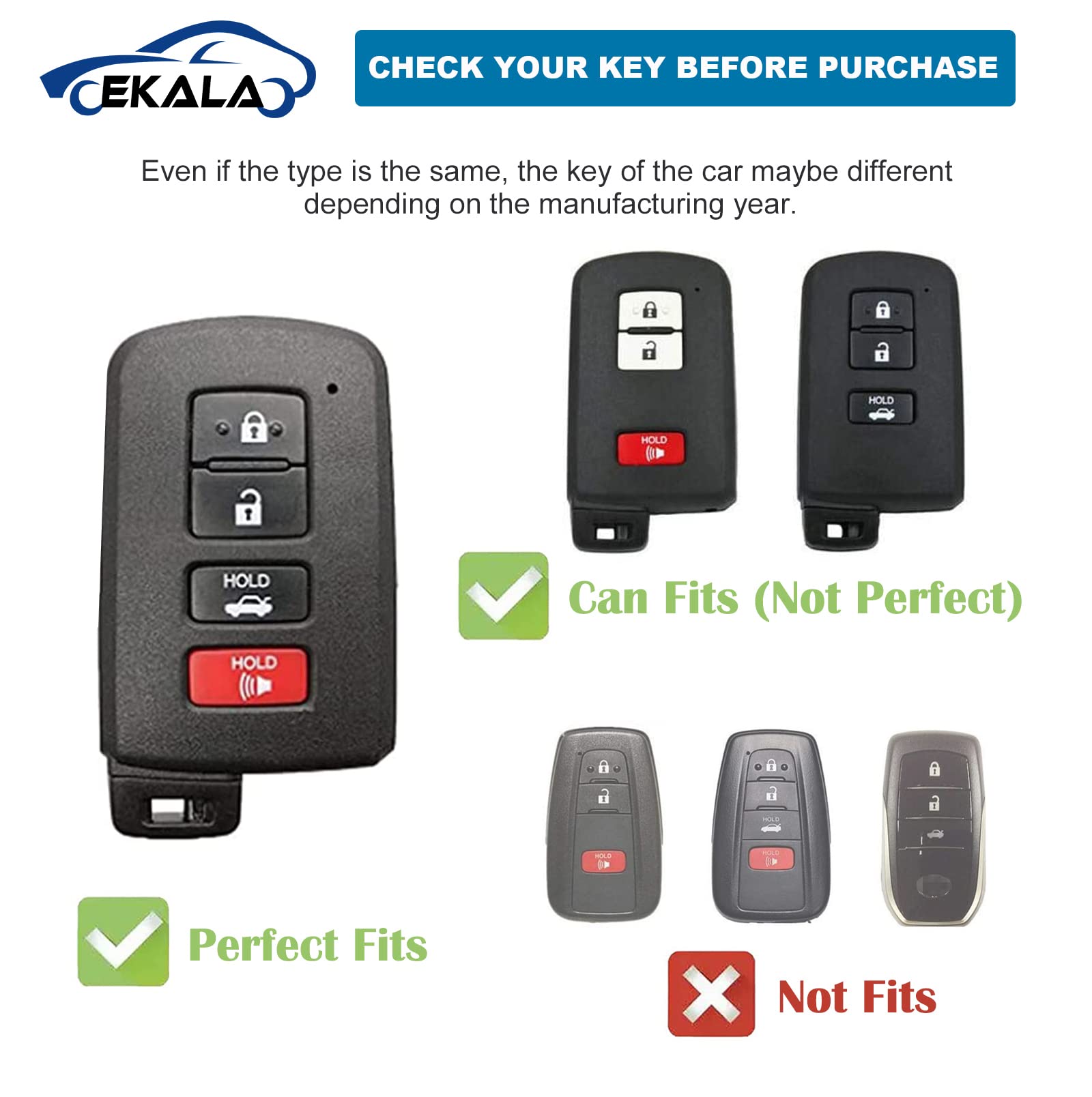 EKALA for Toyota Key Fob Cover with Leather Keychain 4 Buttons Soft TPU Key Case Shell Fit for Toyota Camry Avalon Corolla Highl