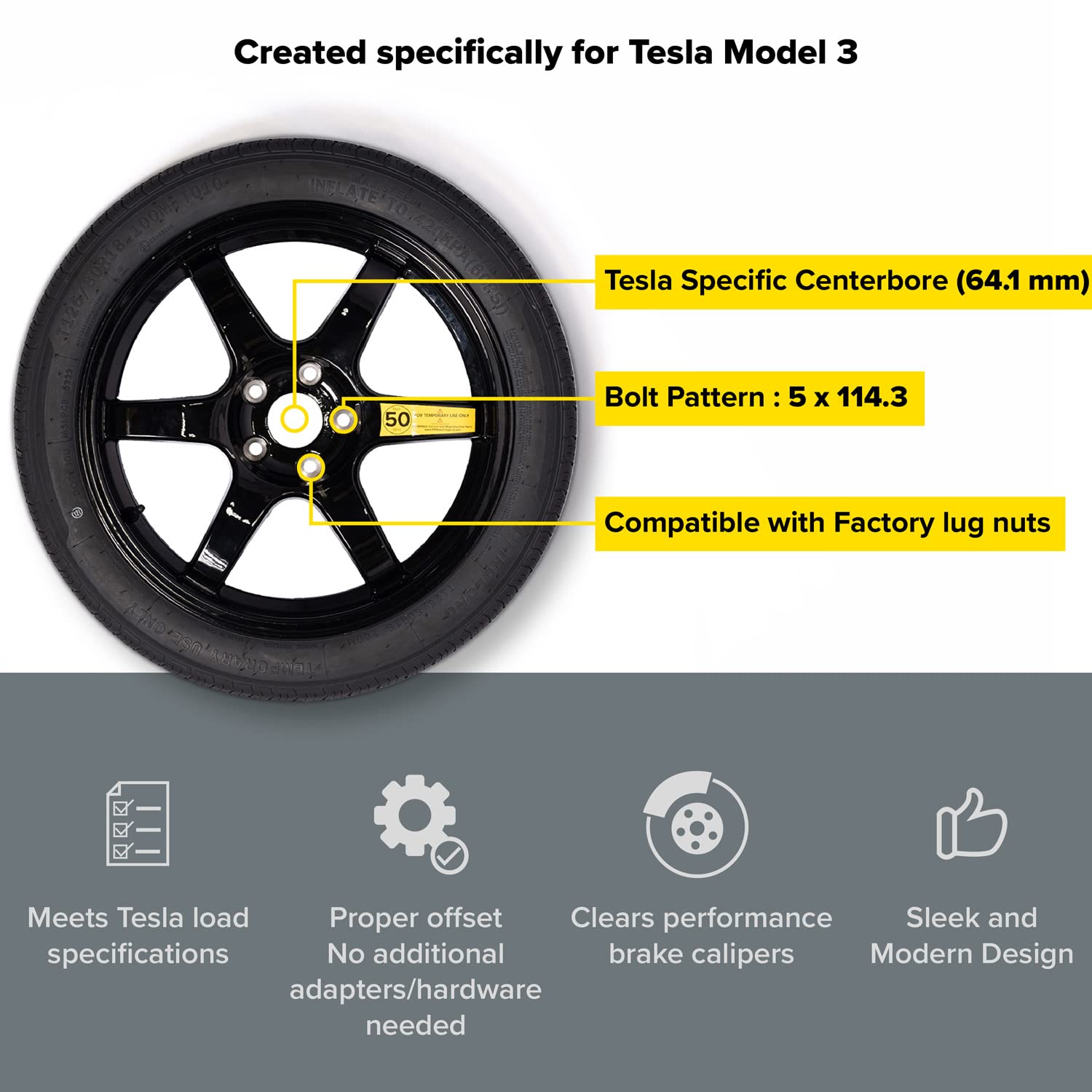 Stancemagic Complete Spare Wheel And Tire - Compatible With 2017+ Tesla Model 3 Long Range & Rwd Trims - Includes 18X4 Rim, 125/80R18 Tire, Scissor Jack, Tire Iron, Sockets, Carrying Bag