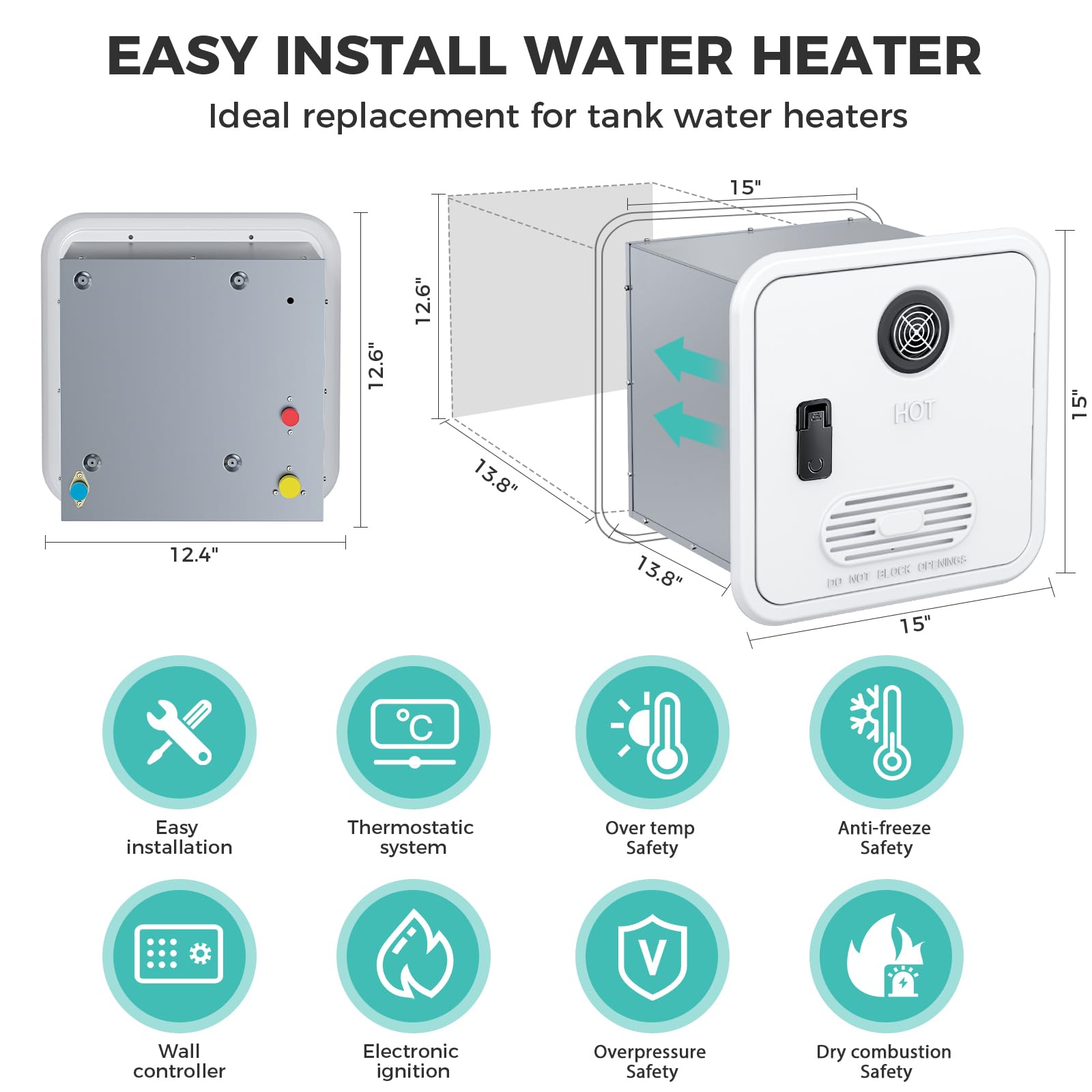 RV Tankless Water Heater, High Altitude Available, with White Door and Controller, DC 12V, On Demand Instant Hot Water Heater, W
