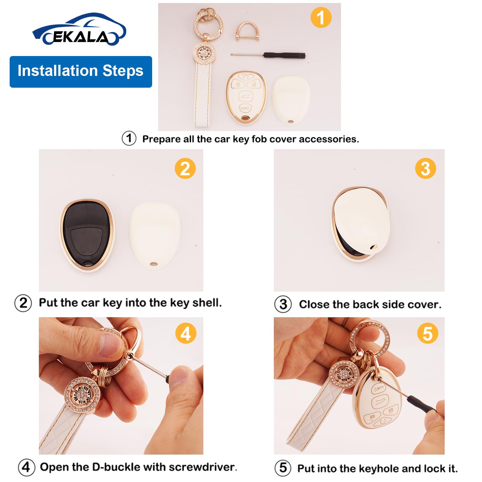 EKALA TPU Key Fob Cover with Leather Keychain Lanyard Fit for Chevy Traverse Tahoe Suburban/GMC Yukon Acadia/Cadillac Escalade S