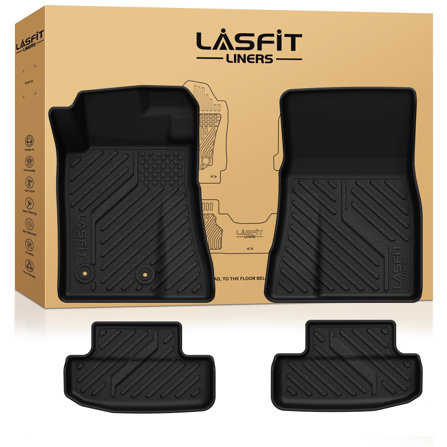 Lasfit Floor Mats For Ford Mustang 2015-2025 All Weather Protector Tpe Car Floor Liners, 1St & 2Nd Row, 4Pcs Black