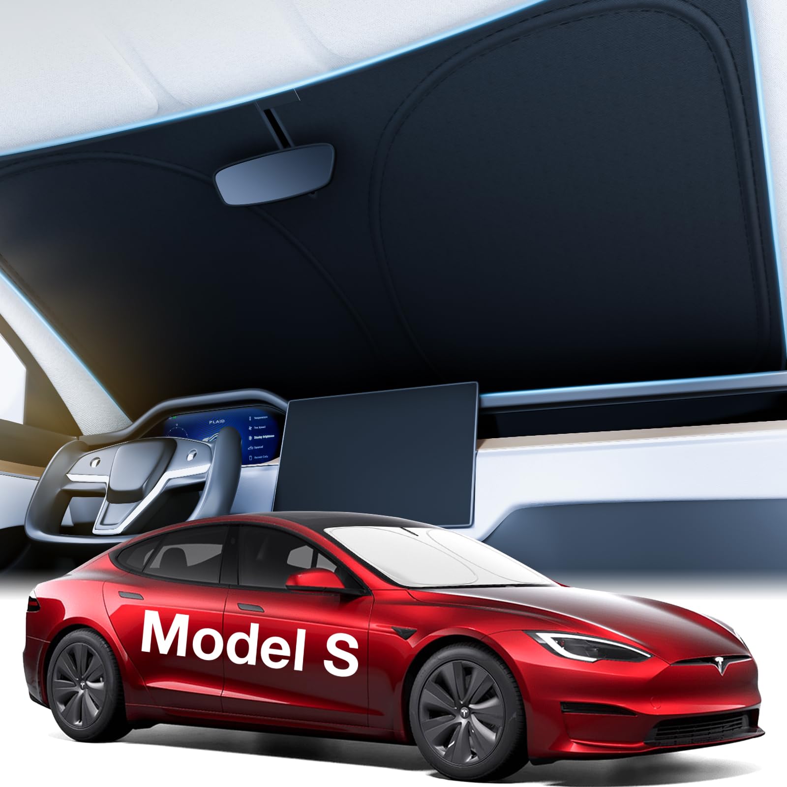 2025 Upgraded Accessories Tesla Model S Windshield Sunshade [Ice Shield Tech Fabric, 100% Sun Blockage], Foldable Heat Insulatio