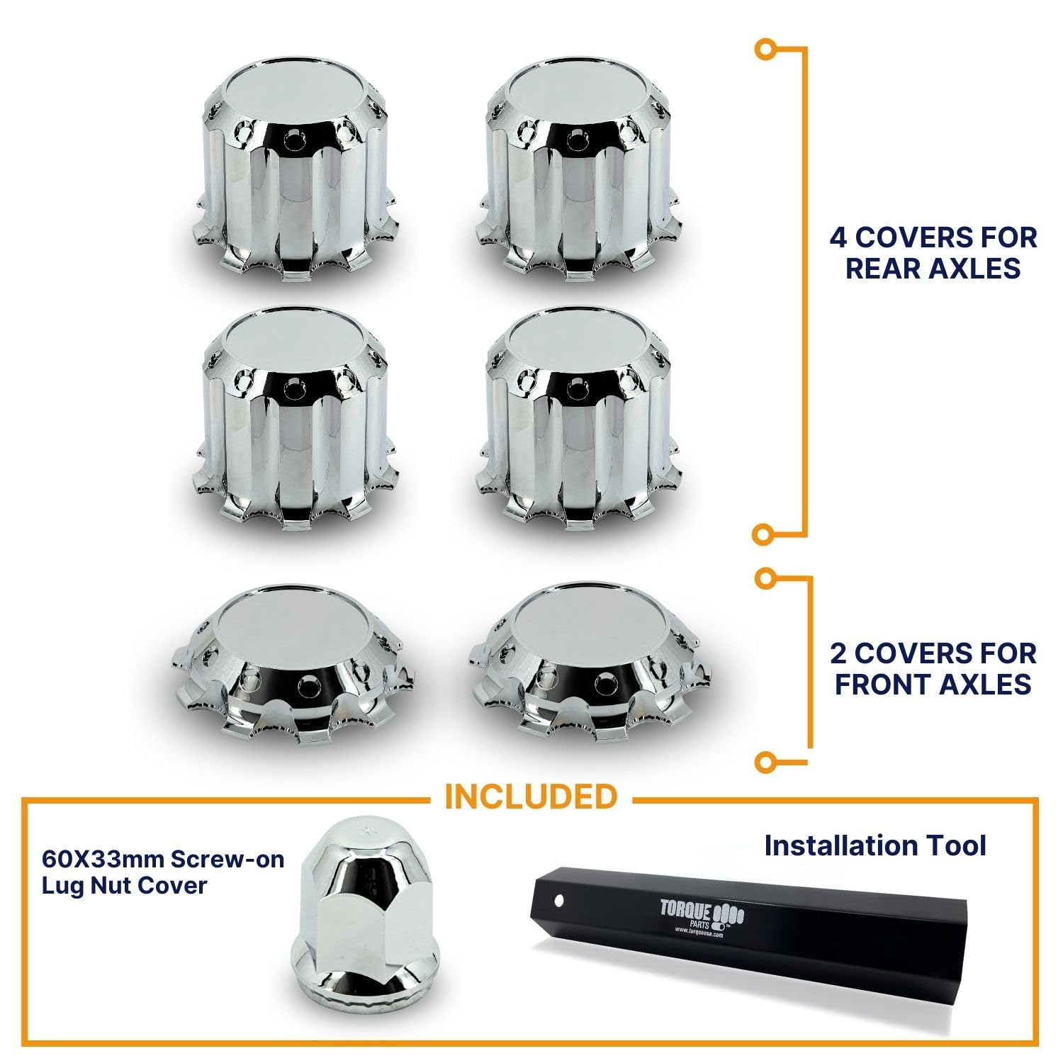 Torque Luxury Chrome Front And Rear Axle Complete Wheel Cover Set 33Mm Screw-On Lug Nut Covers For Semi Trucks (Installation Too