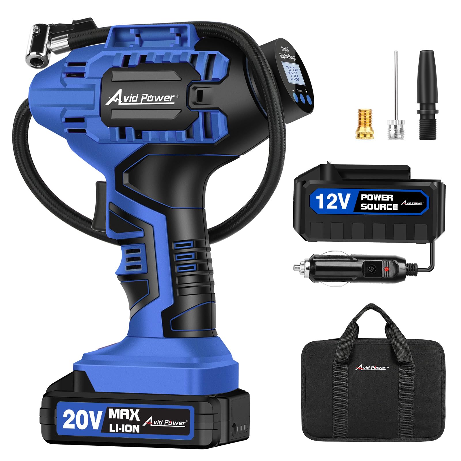 Avid Power Tire Inflator , Car Air Compressor , 20V Cordless With Rechargeable Li-Ion Battery , 12V Car Power Adapter , Digital