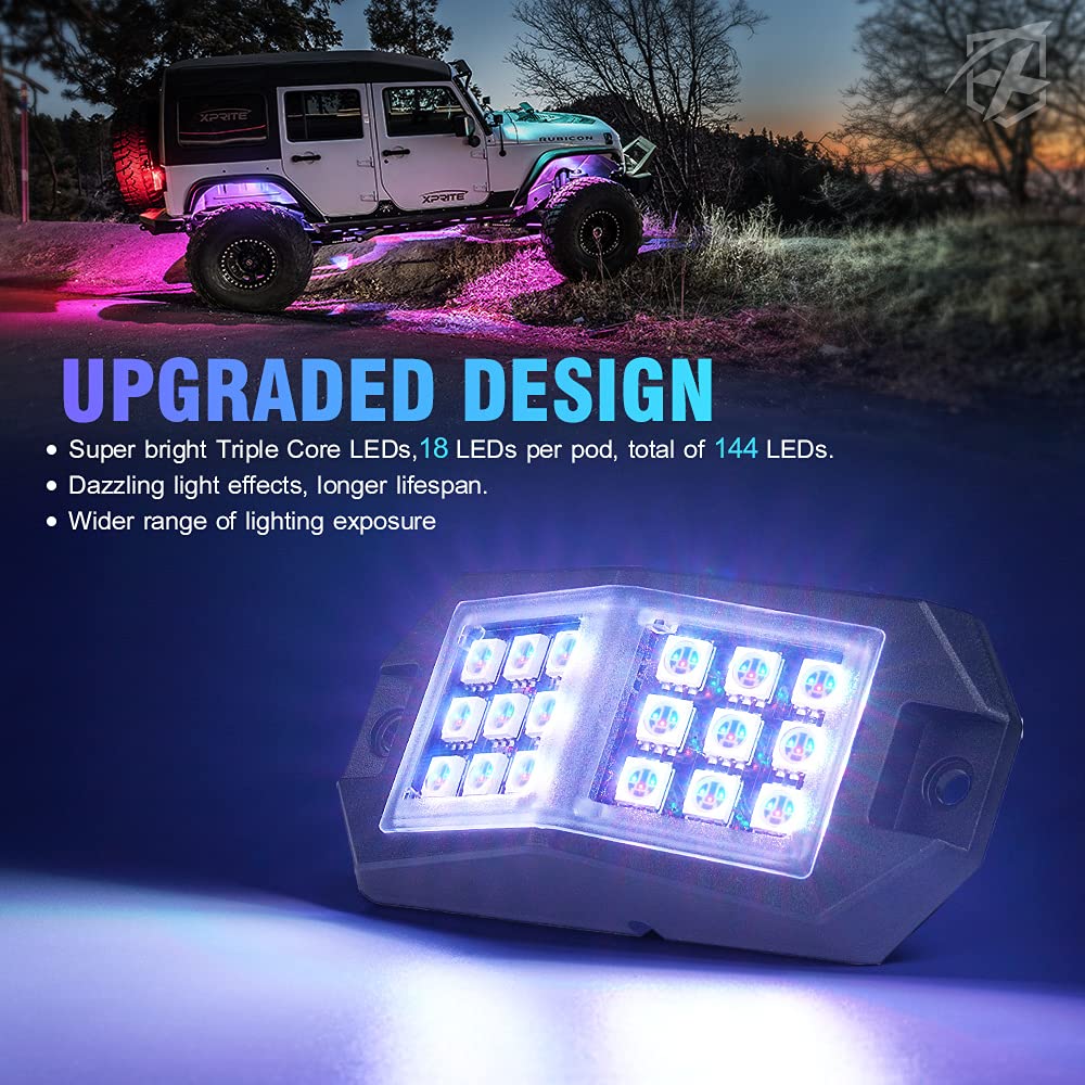 Xprite 8 Pods Rock Lights Wide Angle Bluetooth Rgb Rocklights, Multicolor Neon Lighting Footwell Underglow Kits W/Wireless Remot