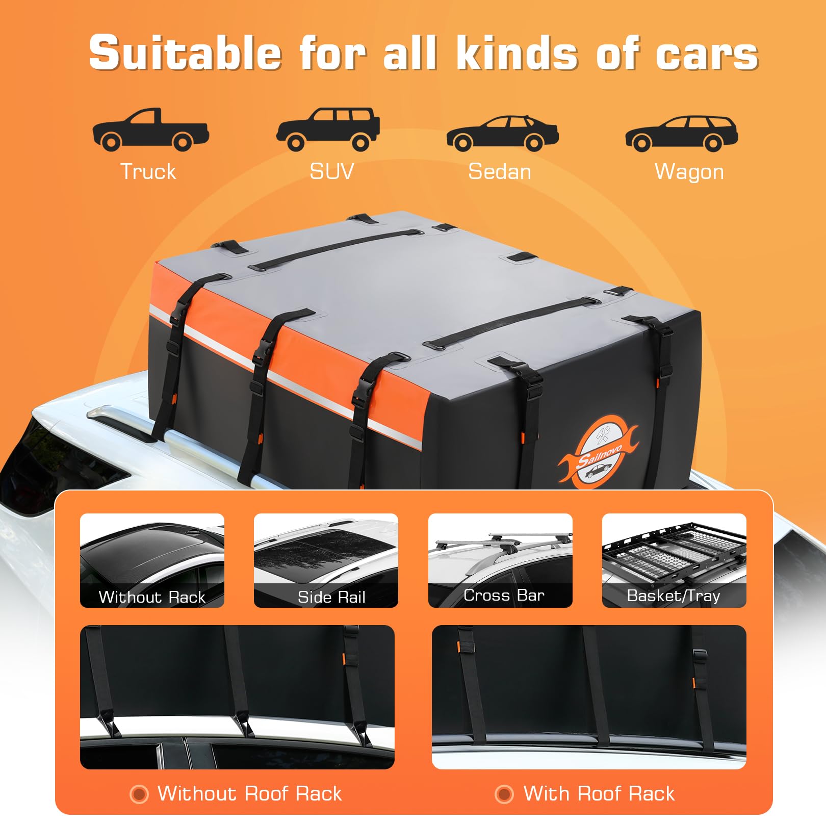 Sailnovo Rooftop Cargo Carrier 20 Cubic, Waterproof Car Roof Bag Soft-Shell Carriers Top Luggage Storage With Slip Mat, 6 Door H