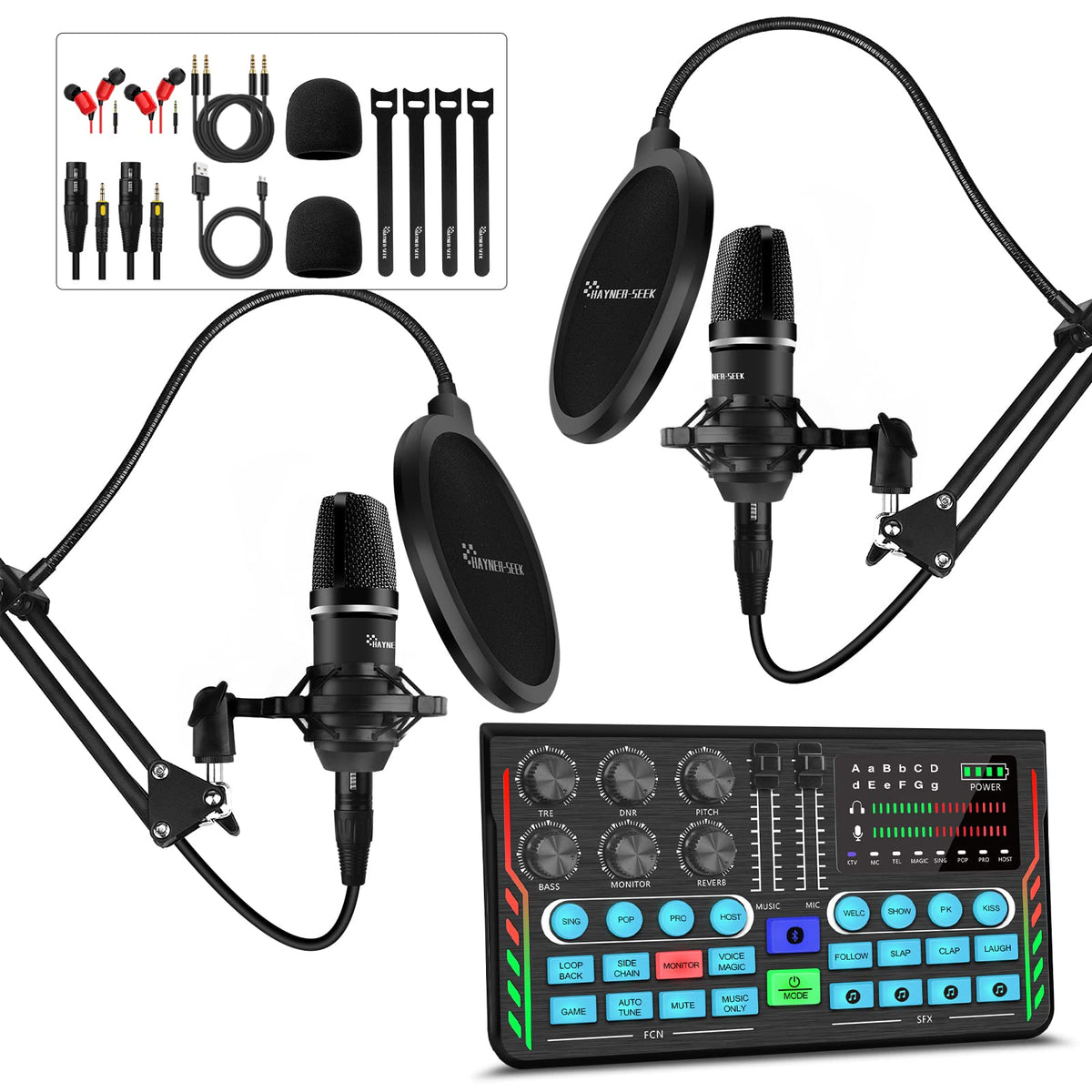 Hayner-Seek Podcast Equipment Bundle For 2, All-In-One Dj Mixer With 35Mm Diaphragm Condenser Microphone For Live Streaming, Pod