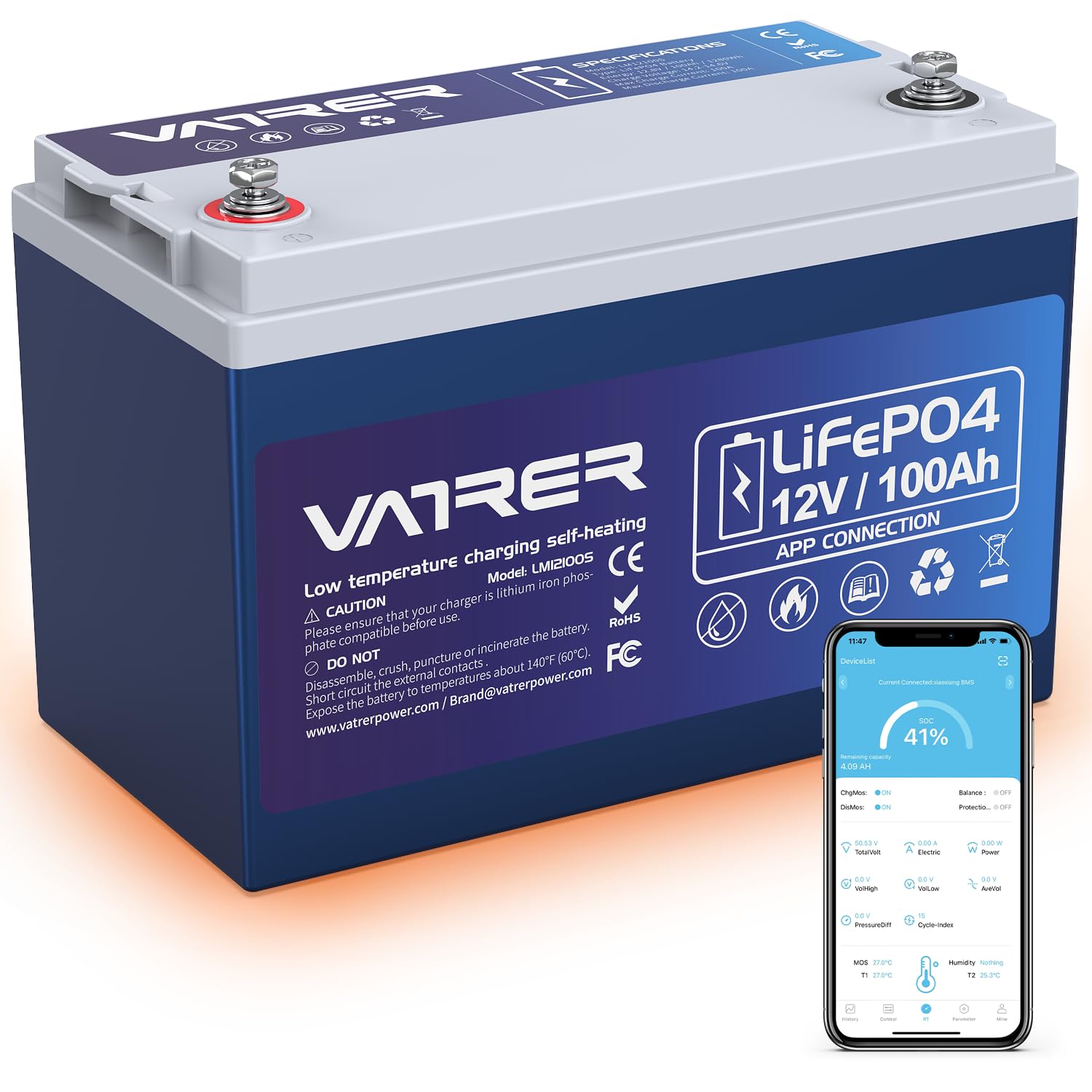 12V 100Ah Bluetooth Lifepo4 Lithium Battery With Self-Heating, Built-In 100A Bms, Supports Low Temp Charging(-4F), 5000+ Cycles,