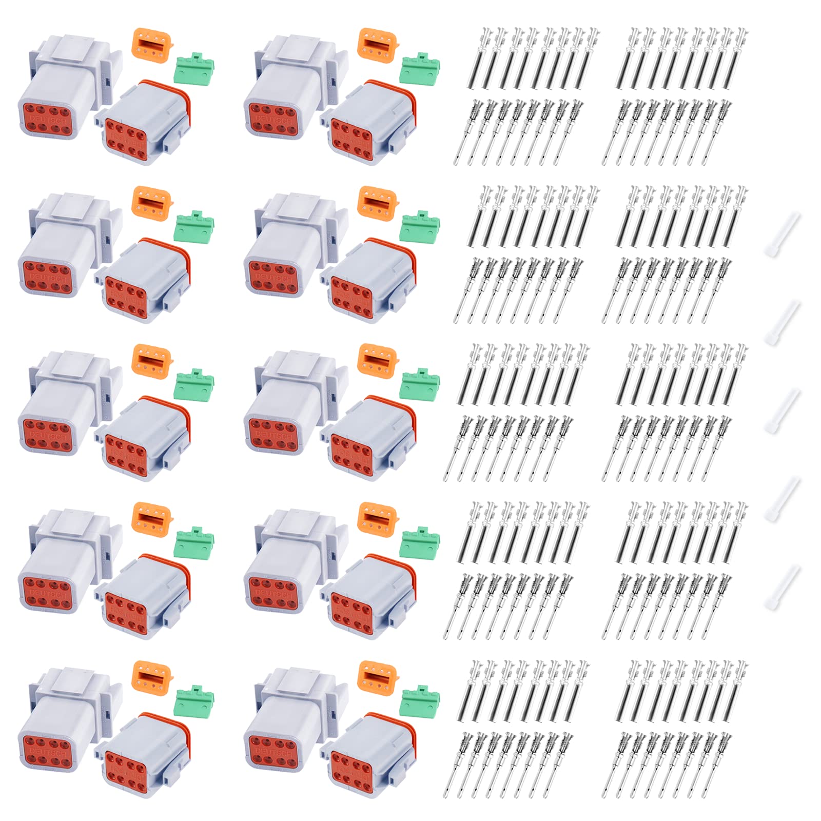 206Pcs 8 Pin Way Deutsch Dt Gray Connector 10 Set,Size 16 Solid Contacts Waterproof Electrical Wire Connector With Seal Plug For Truck, Off-Road Vehicles, Marine, Motorcycle Wiring