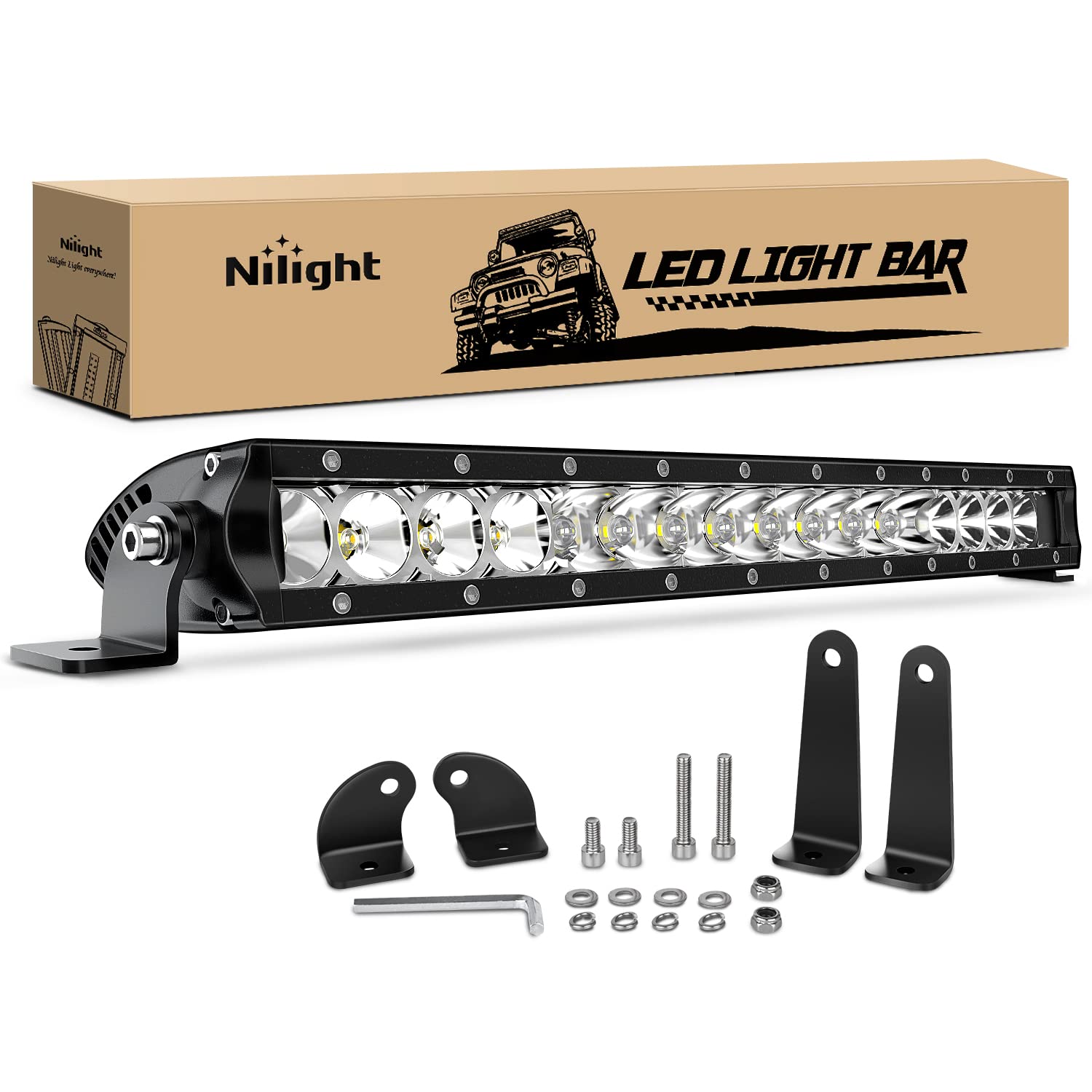 Nilight - 40004C-A Led Light Bar 21Inch 100W Spot & Flood Combo Single Row 9000Lm Off Road 3D Led Fog & Driving Light Roof Bumpe