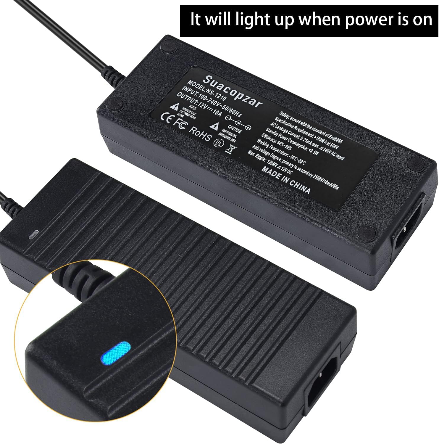 Suacopzar 10Ft Ac To Dc Converter 110V To 12V 10A 120W Power Supply Car Cigarette Lighter Adapter To Wall Plug, 3 Pin Socket Ac