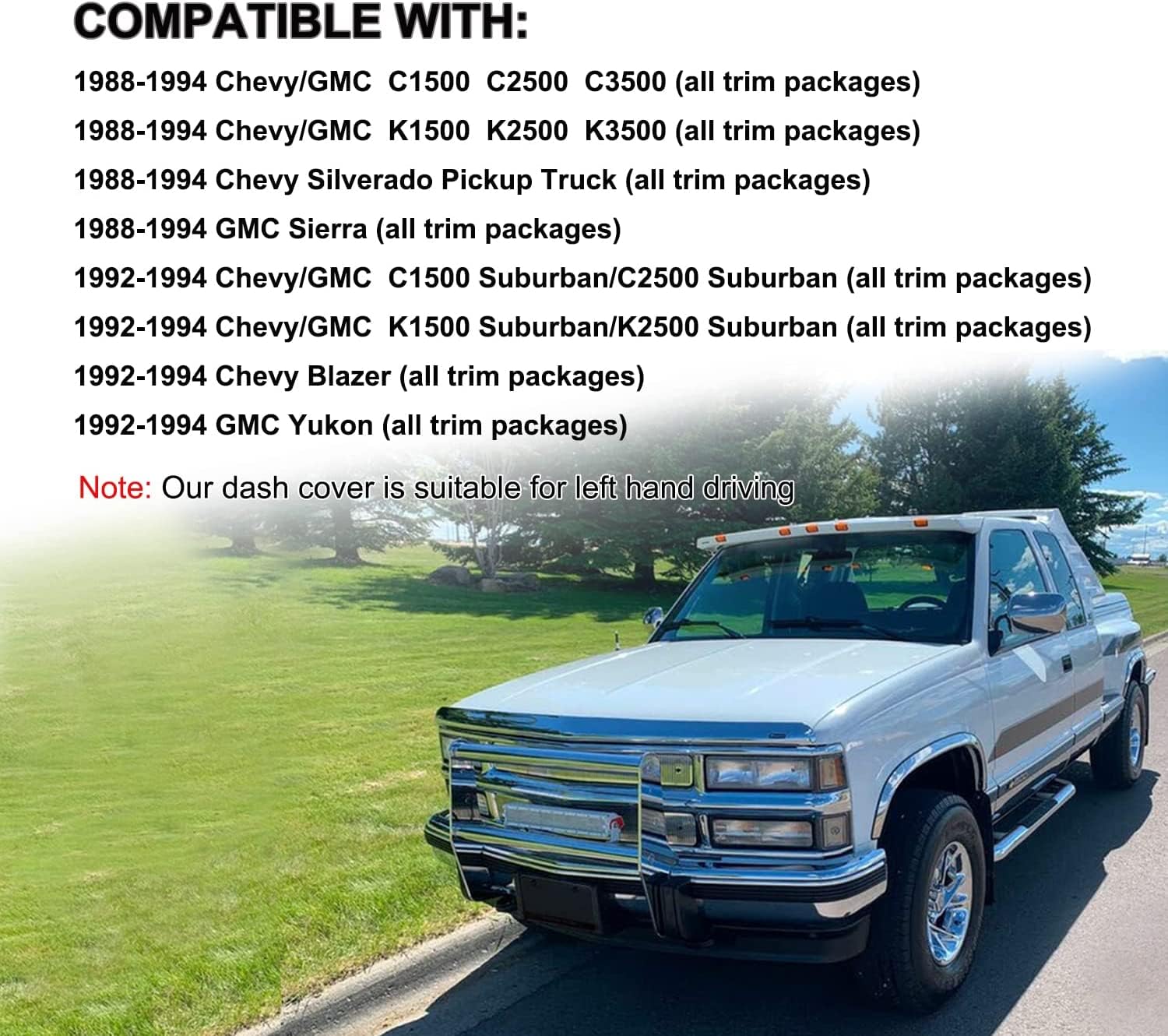 Yiz Dash Cover Mat For Chevy Chevrolet Silverado/Gmc Sierra C1500 C2500 C3500 K1500 K2500 K3500 Pickup Truck 1988-1994, 1992-94