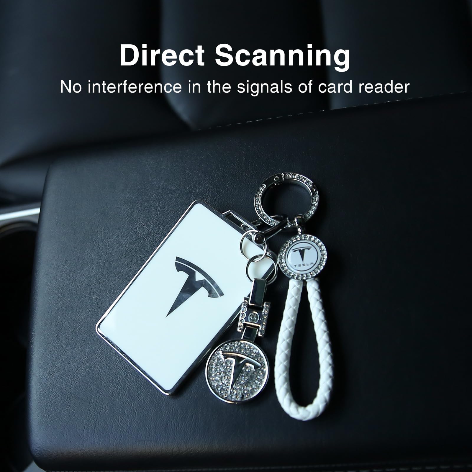 Tesheer White Key Card Holder Bling Key Chain for Tesla Model S/X/3/Y & Cybertruck - Crystal Key Fob Accessories