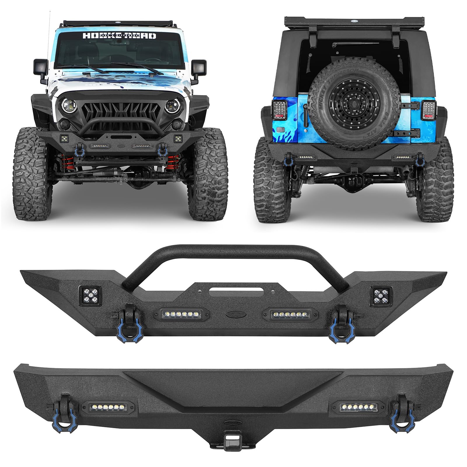 Hooke Road Wrangler Jk Front Bumper + Rear Bumper Combo W/All Led Lights Compatible With Jeep Wrangler Jk & Unlimited 2007-2018
