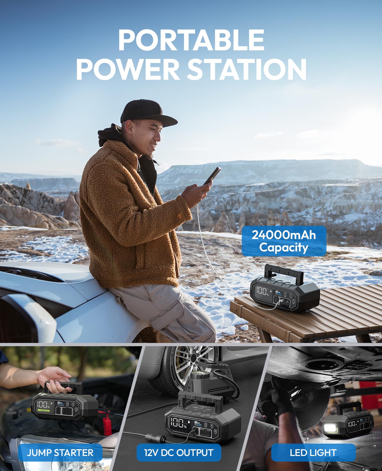 4000A Portable Car Jump Starter: 12V Battery Jumper Box Emergency Kits For 10.0L Car Truck, Auto Booster Start Pack, Fast Charge