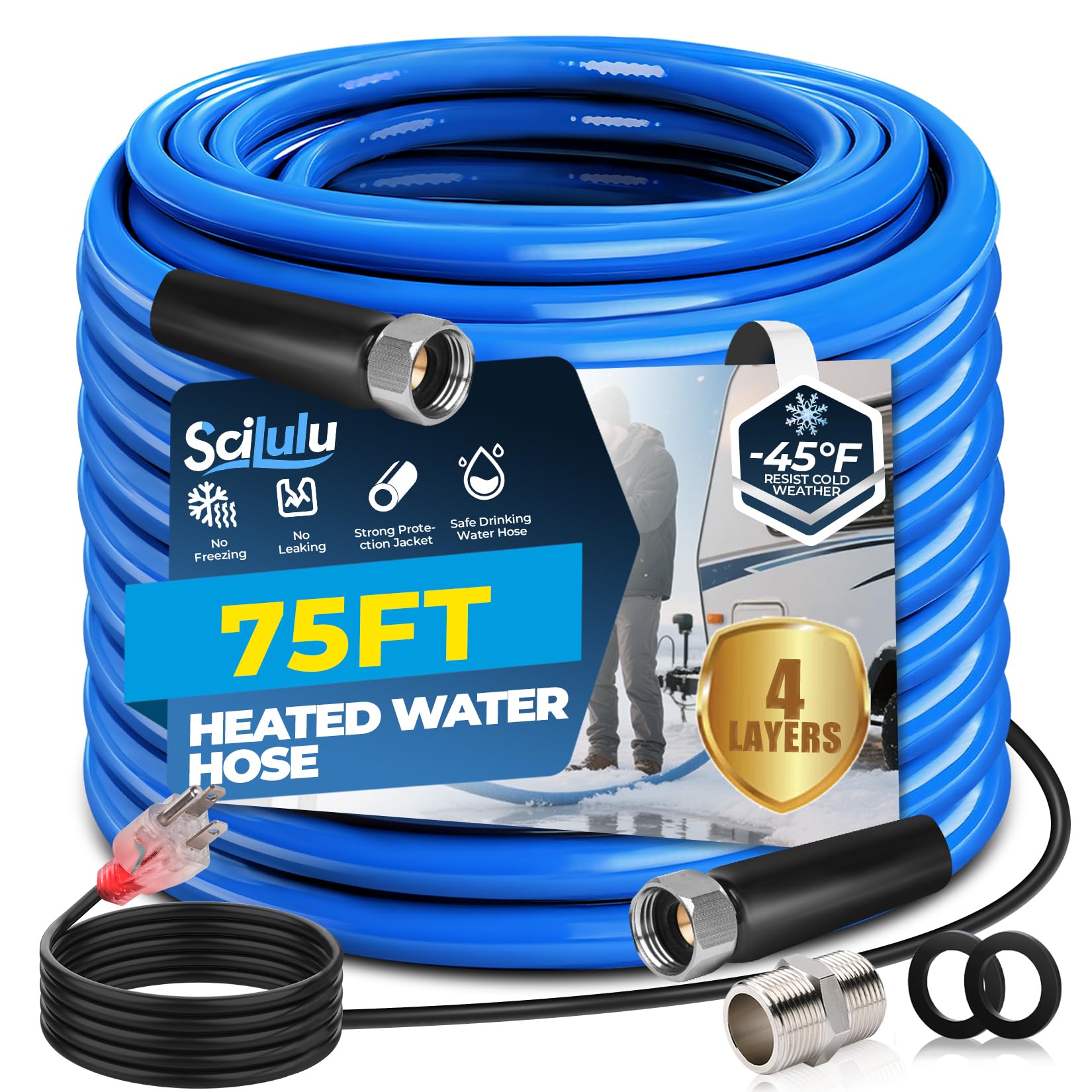Scilulu 75FT Heated Water Hose for RV, Freeze Protection to -45F, Lead-Free & BPA-Free, Safe Drinking Water for Campers, Gardeni