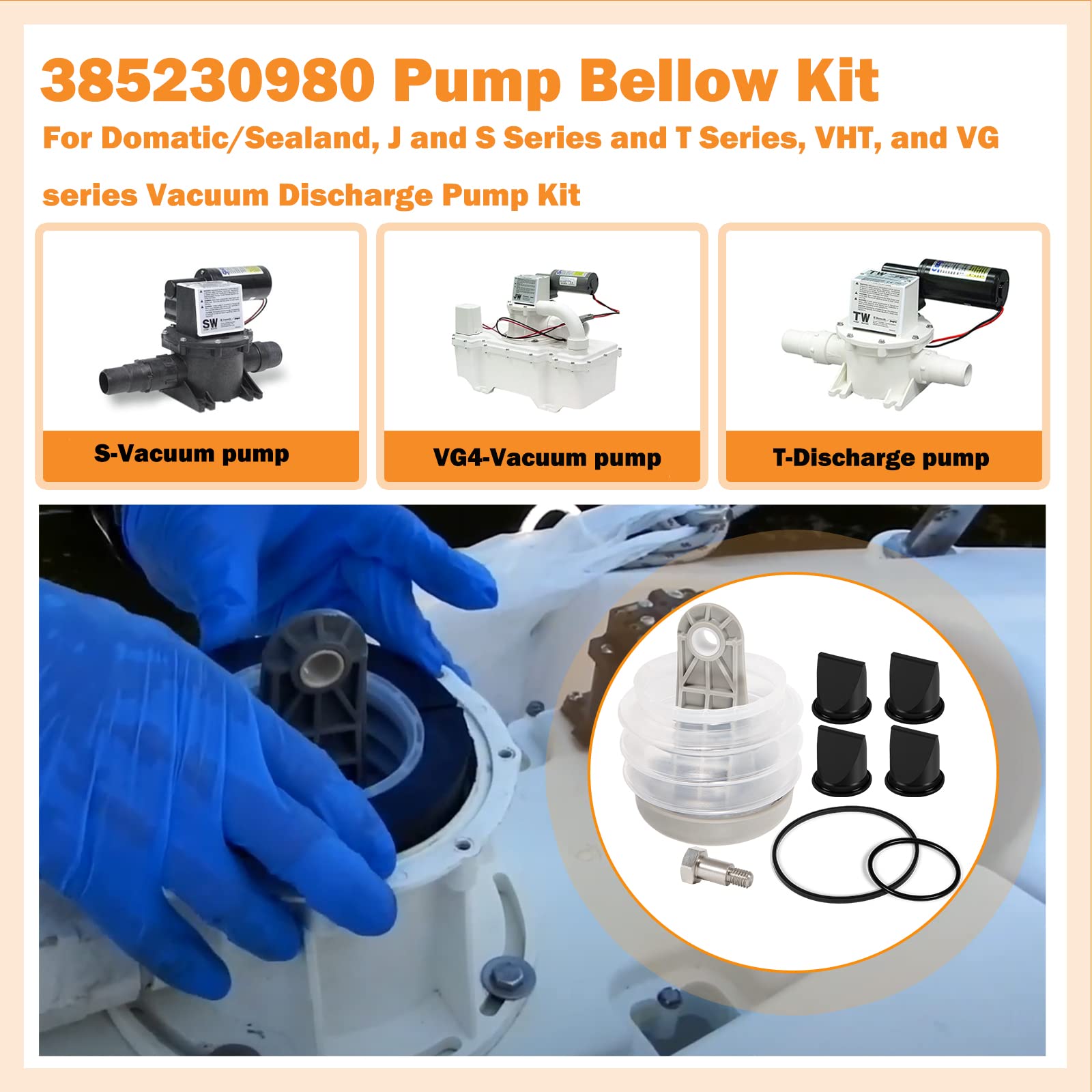 Fits For Dometic 385230980 Pump Bellow Kit & 4 Pack 385310076 Db Valve 1-1/2' Black Duckbill Valve Kit & 2Pack 385310151 O-Ring Kit Replace For Dometic S, T, J, Vht, And Vg Series Vacuum Pump Kit