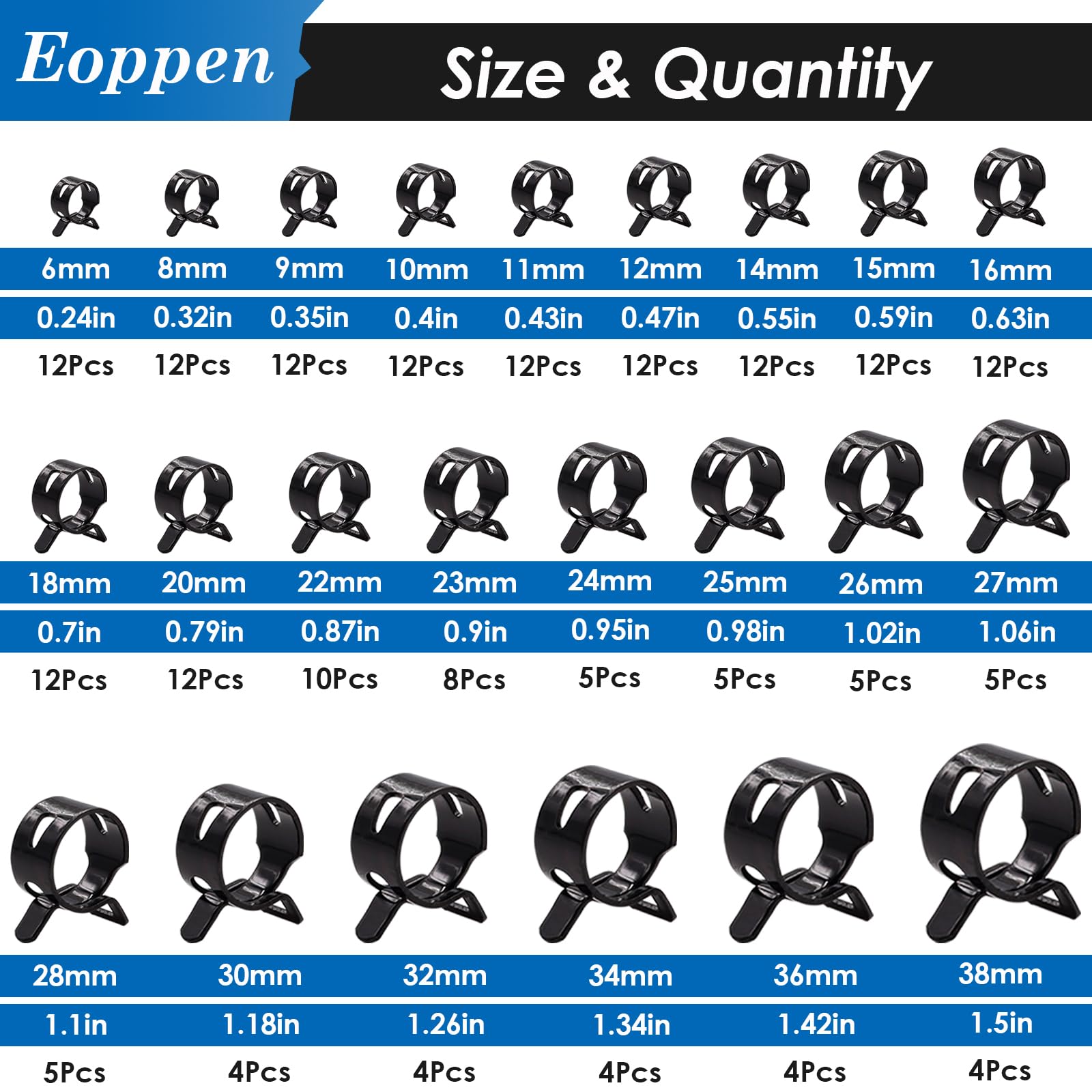 Eoppen 195Pcs 6-38Mm Spring Hose Clamps Assortment Kit With Swivel Flat Band Fuel Hose Clamp Plier - 23 Sizes Fuel Line Silicone