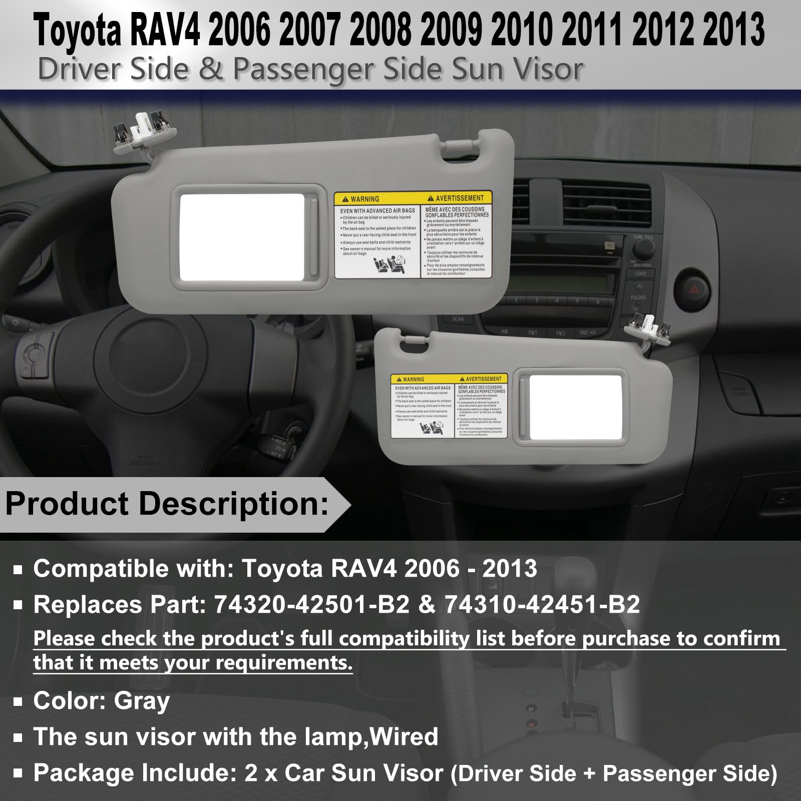 Driver Left & Passenger Right Side Sun Visor Compatible With Toyota Rav4 2006 2007 2008 2009 2010 2011 2012 2013 With Light Repl