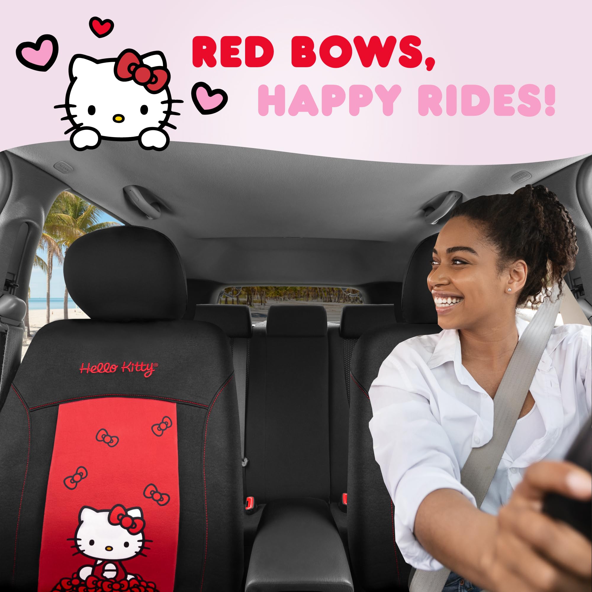Hello Kitty Car Seat Covers - Stylish Black and Red Front Seat Covers with Cute Bow Design, Durable and Comfortable Polyester, C