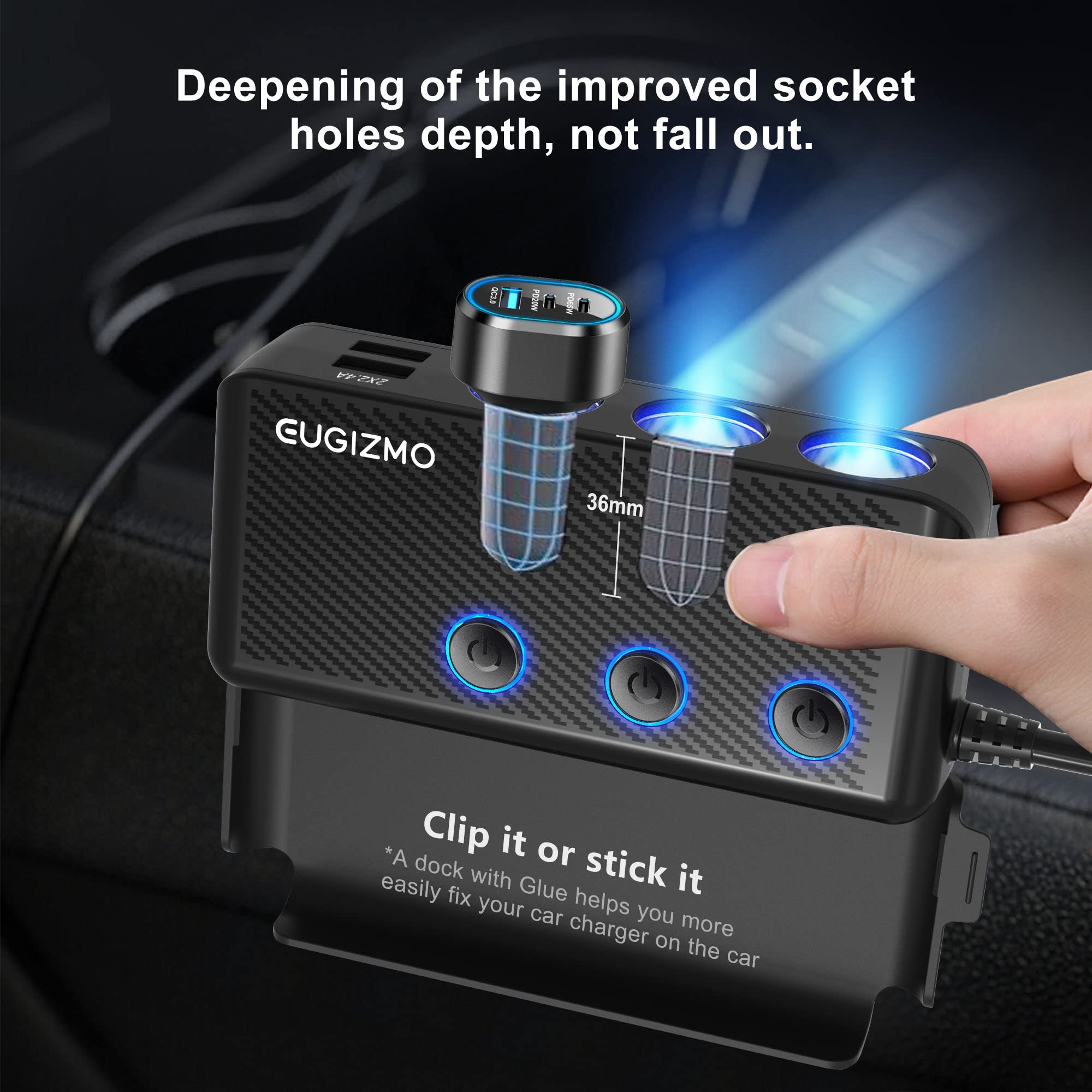 Cigarette Lighter Plug Splitter Adapter, EUGIZMO 222W Multi Port Power Plug Car Charger Adapter for Plug Outlet 12V 3 Socket Spl