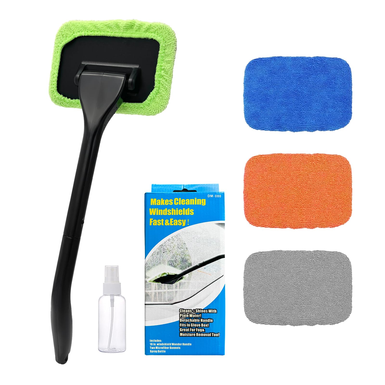 Ohleats Car Windshield Cleaning Tool, Microfiber Window Cleaner with 4 Washable and Reusable Cloth Pad & Long Handle, Auto Glass