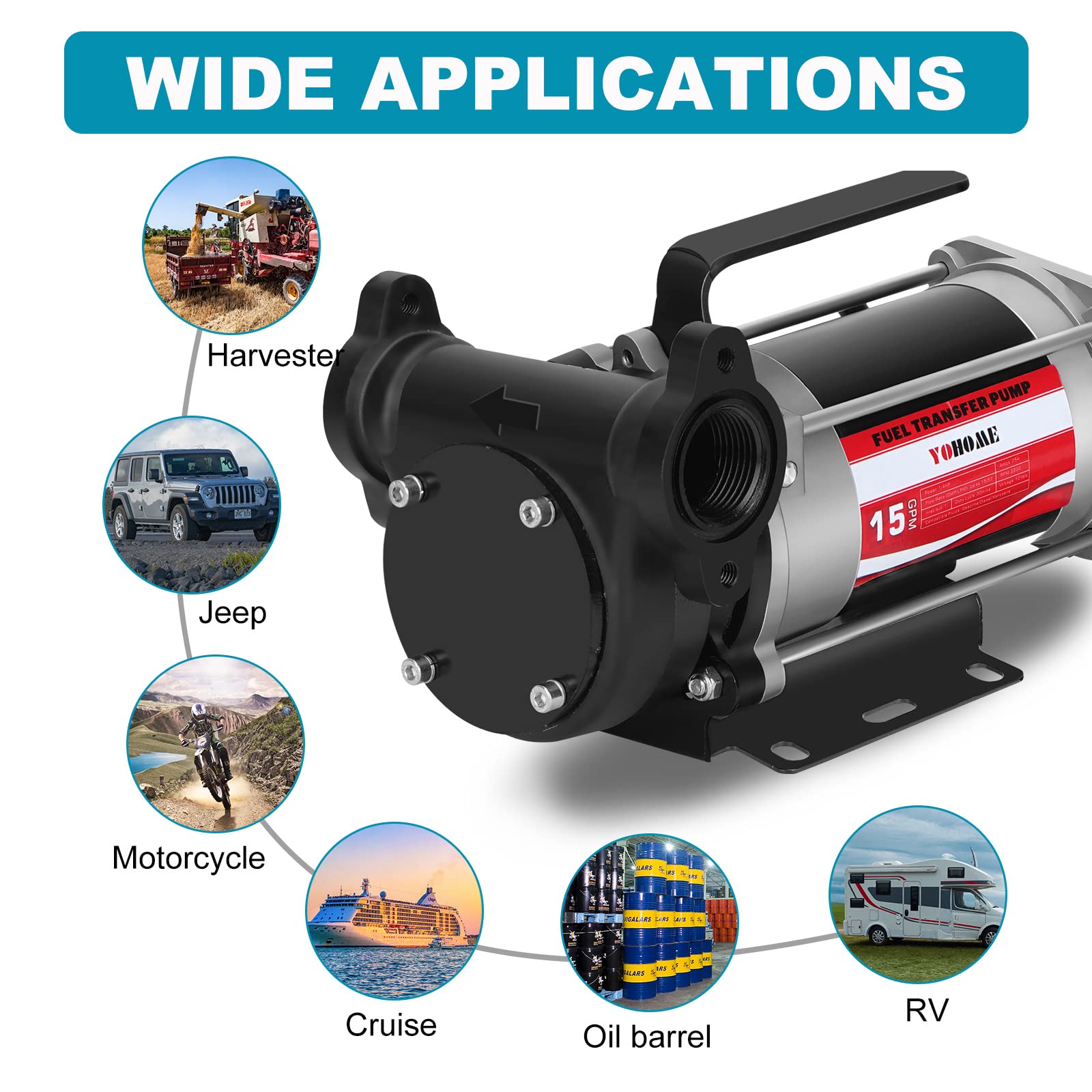 Fuel Transfer Pump Yohome Dc 12V Heavy-Duty Cast Iron Gasoline Transfer Pump, 15Gpm, Overheating Stability, Built-In Bypass Gasoline Pump Applicable To Gasoline, Diesel, Kerosene