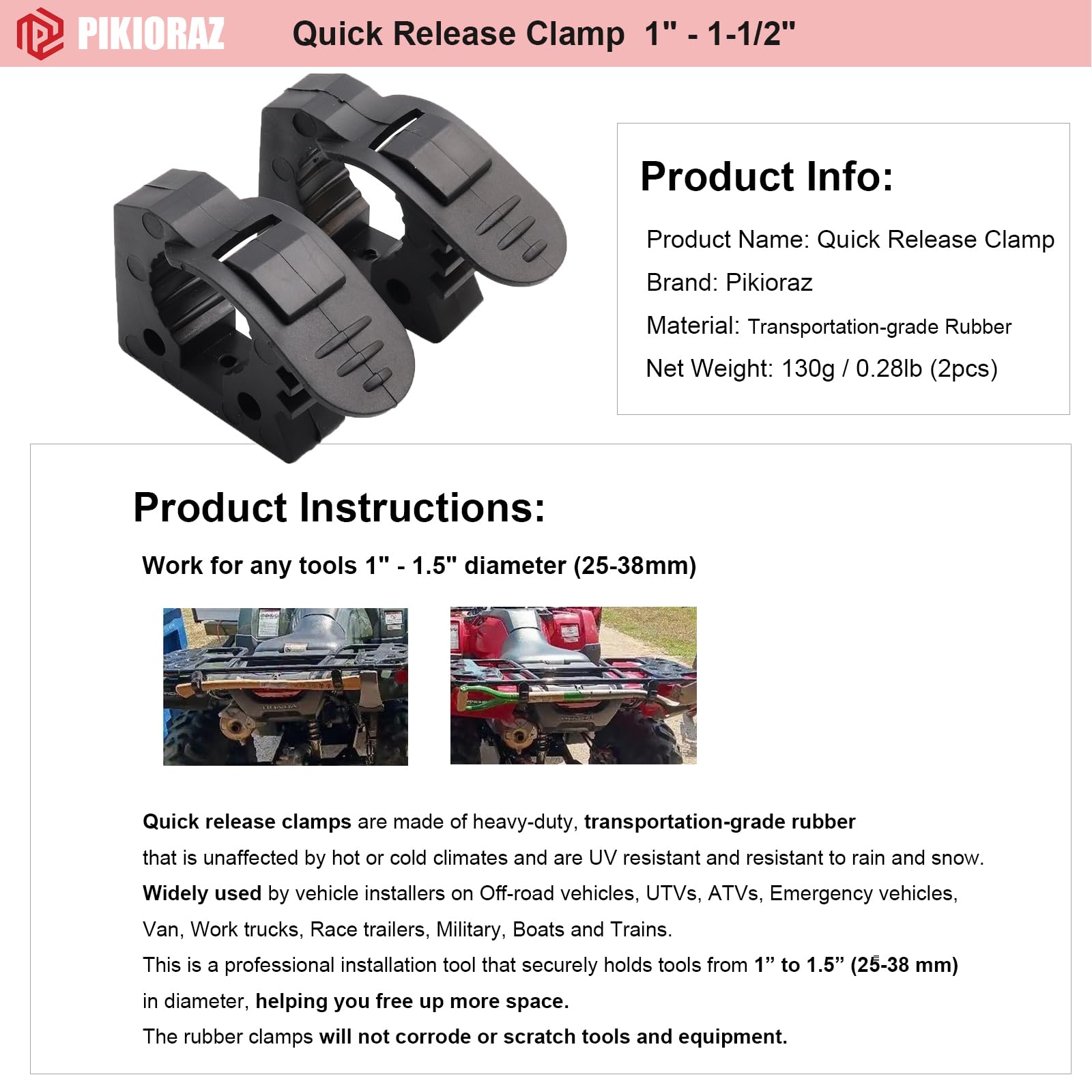 Pikioraz 2Pcs Quick-Release Clamp Mount, Rubber Clamp Grip For 1-1/7'' - 1-3/7'' Diameter Tools And Equipment Used On Off-Road Vehicle, Utv, Atv, Van, Trucks, Boat, Train