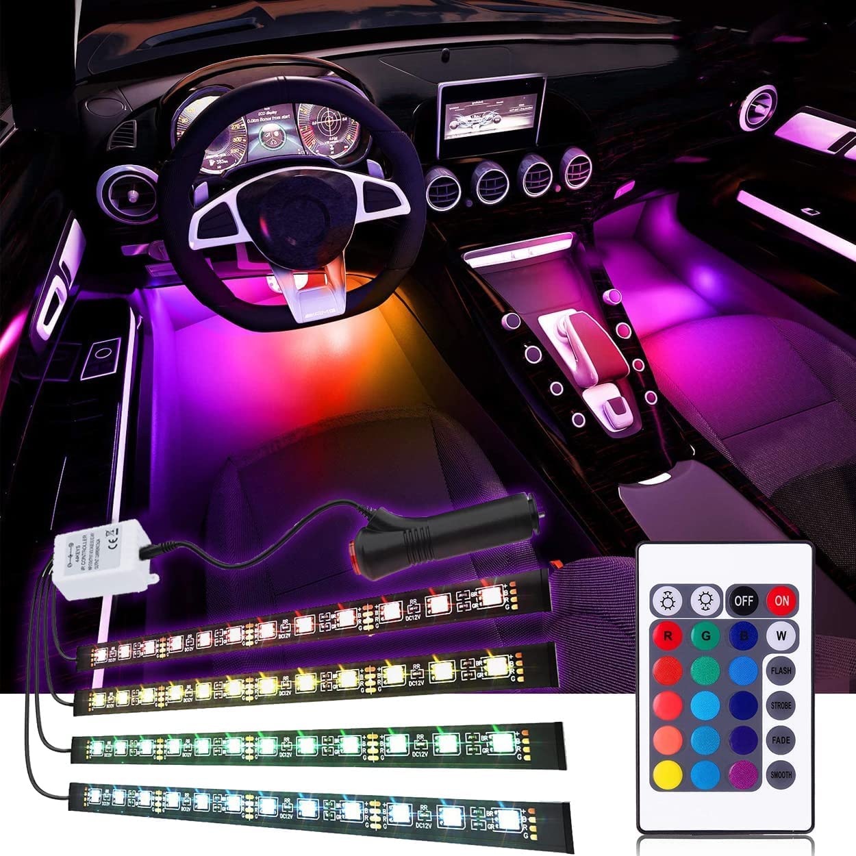 Car Led Strip Light, Ej'S Super Car 4Pcs 36 Led Multi-Color Car Interior Lights Under Dash Lighting Waterproof Kit With Multi-Mo
