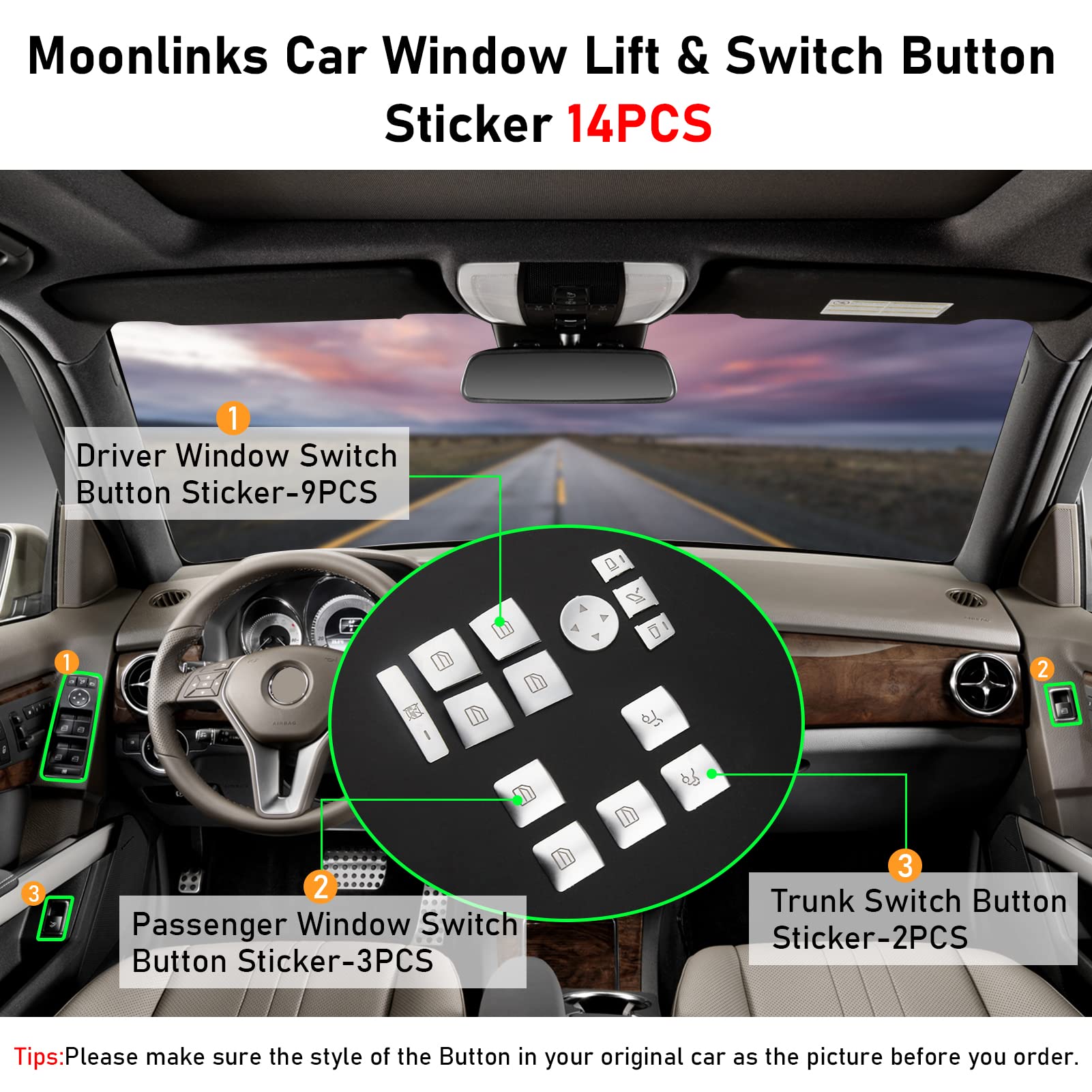Moonlinks Inner Door Power Window Switch Button Covers Trim Sticker Replacement Compatible With Mercedes Benz A B C E G Gla Cla Glk Gl Ml Gle Class W204 W212 W246 W166 X166 X204 Tesla Modle X S 14 Pcs