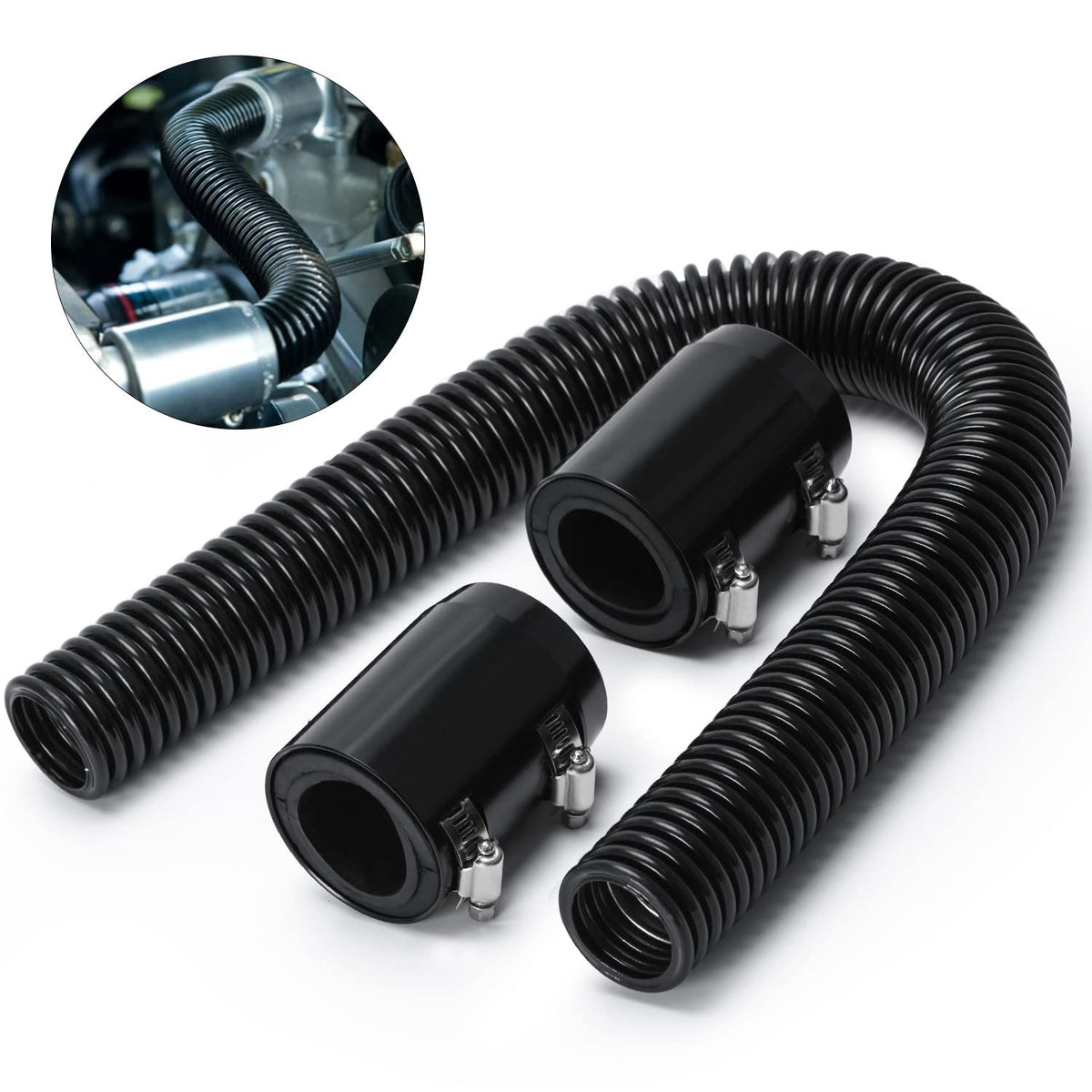 Universal 48Inch Flexible Radiator Coolant Hose Stainless Steel Kit With 4Pcs Cap Clamp 1.25'' 1.5'' 1.75'' Silver