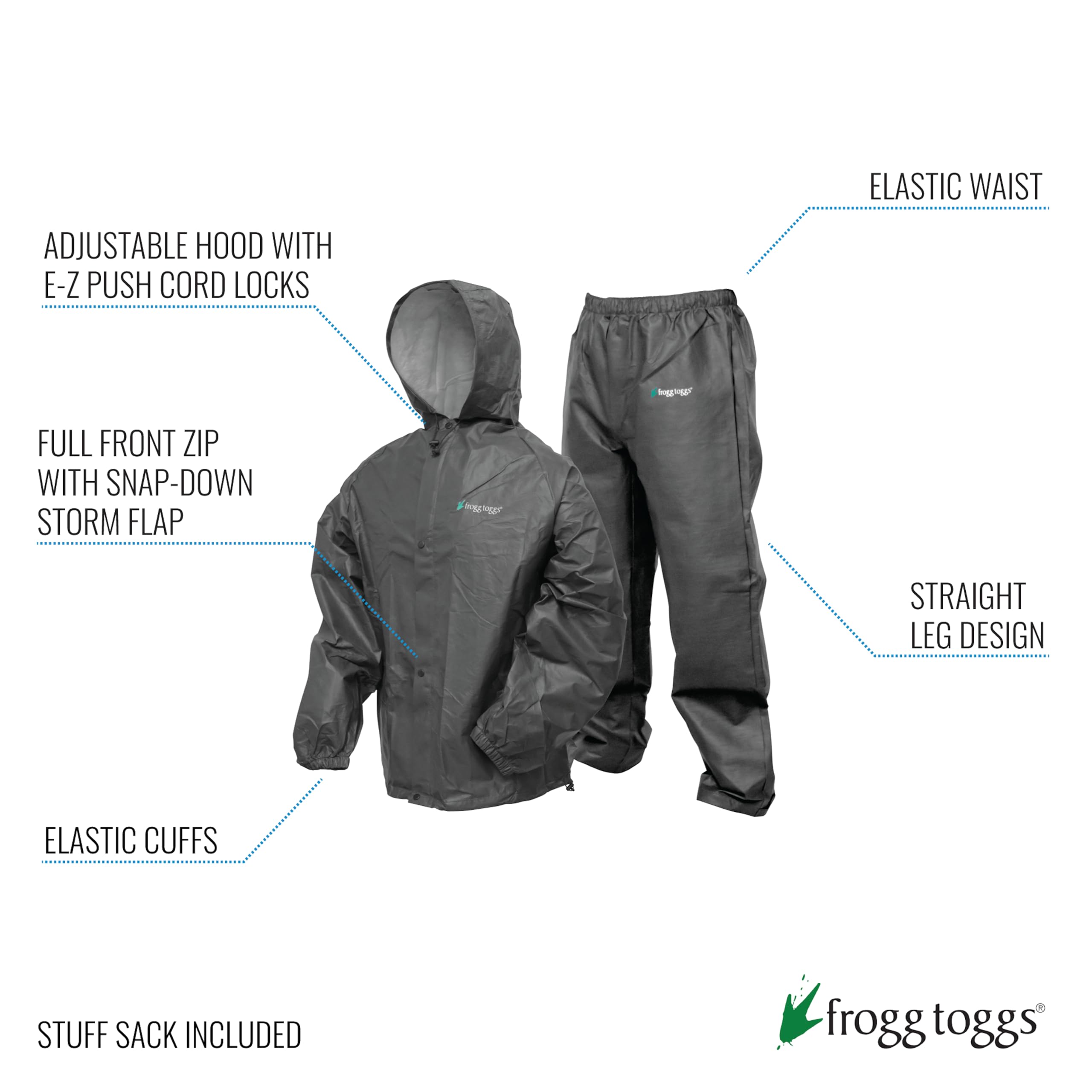 Frogg Toggs Men'S Pro Lite Rain Suit, Waterproof, Breathable, Dependable Wet Weather Protection, Carbon Black, Medium-Large