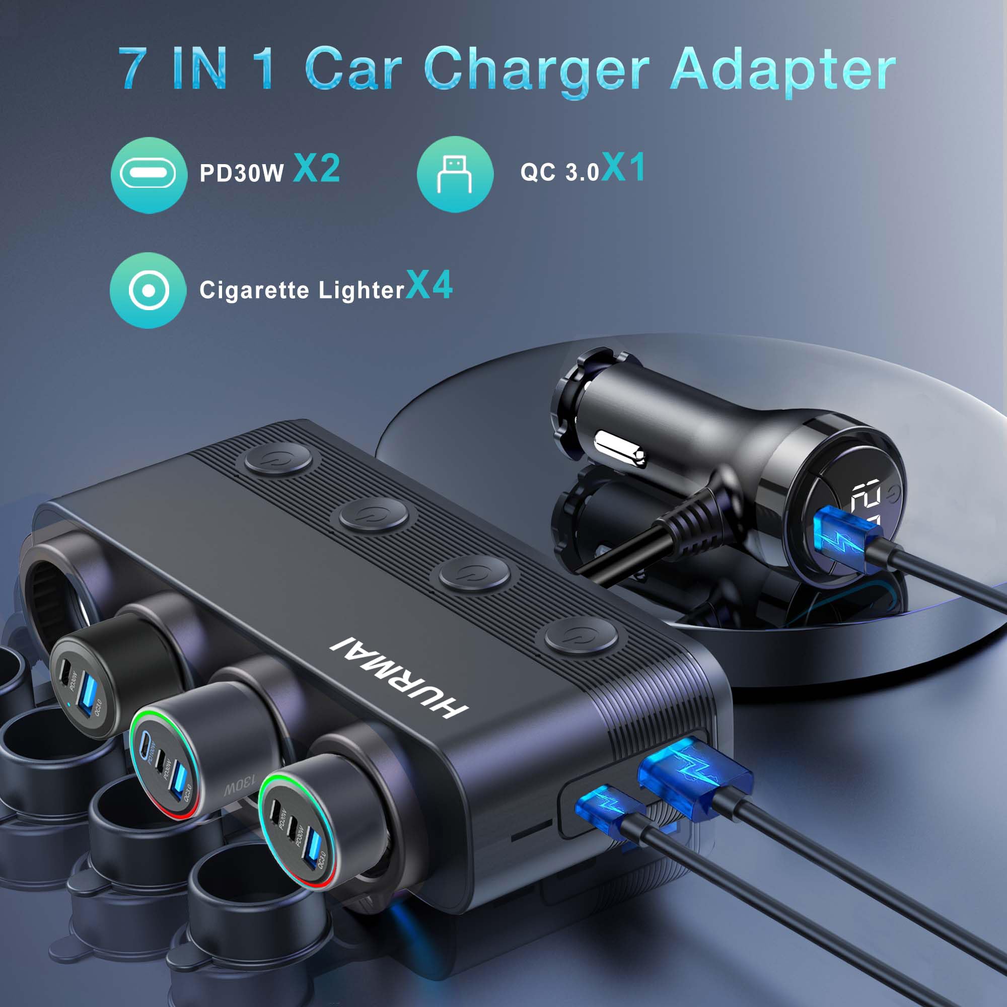 HURMAI Cigarette Lighter Splitter Adapter 216W 4 Socket Heavy Duty Truck Car USB Chager Multi Port with PD30W/QC3.0 Charge USB C