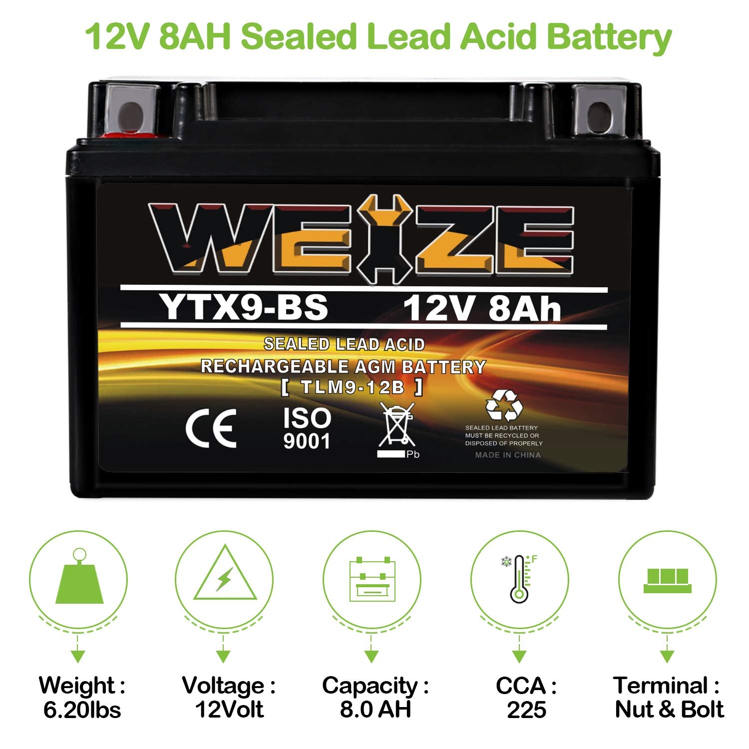 Weize Ytx9-Bs Maintenance Free Lead-Acid Battery For Motorcycle, Atv, Honda, Polaris, Suzuki