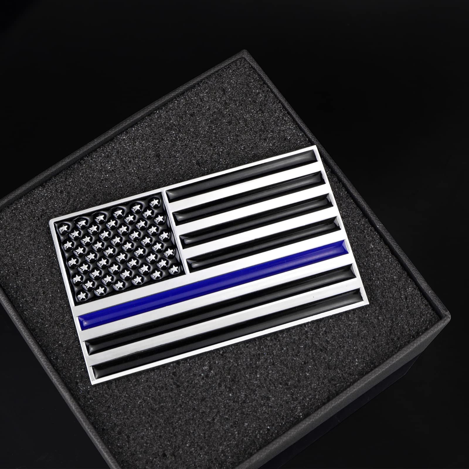 3D Thin Blue Line American Flag Car Emblem, 3.15'' X 2'' Usa Flag Metal Sticker, Support Police And Law Enforcement, Zinc Alloy