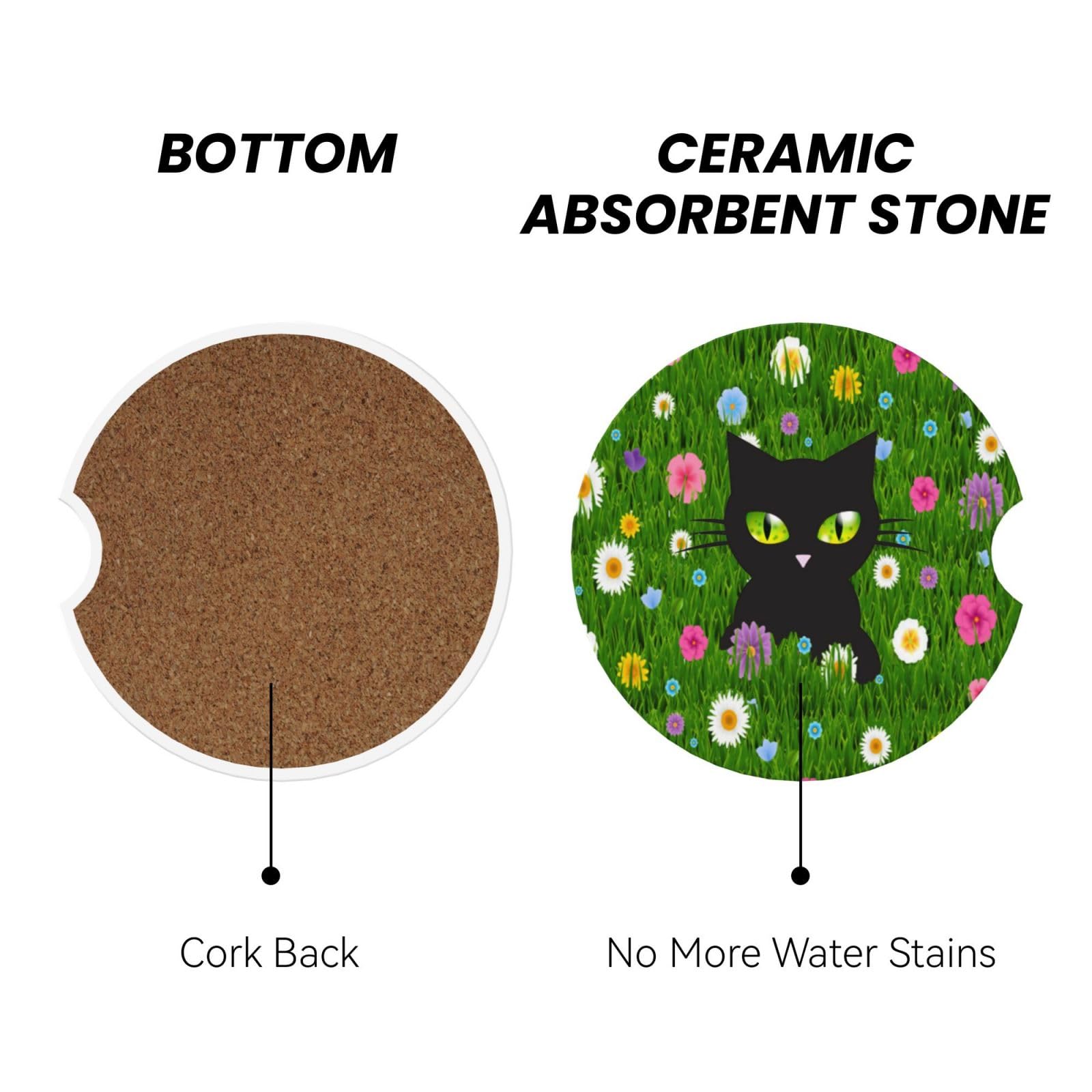 Black Cat Flower Car Cup Holder Coaster 2 Pack Absorbent Ceramic Car Coasters For Cup Holders Car Accessories Interior For Women
