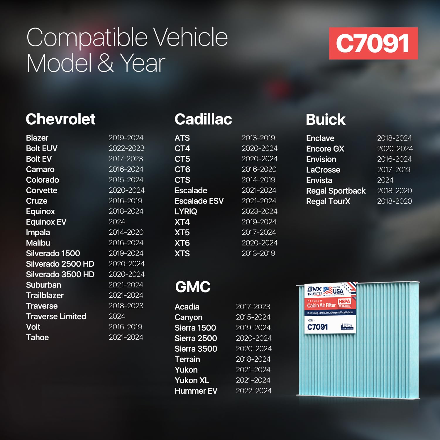 Bnx Trufilter C7091 Cabin Air Filter, Hepa 99.97%, Made In Usa, Compatible With Select Chevrolet: Silverado, Impala, Cruze, Mali