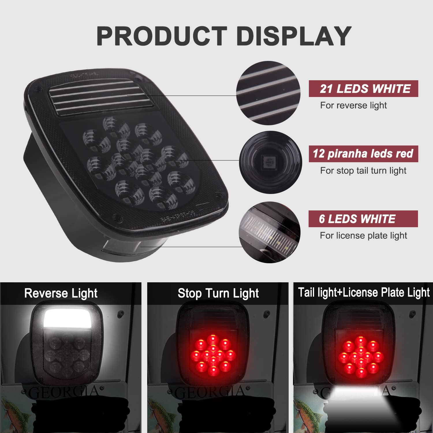 2Pcs Smoked Universal Rear Square Combination 39 Led Signal Tail Lights W/License Plate And Backup Reverse Lights Flatbed Trucks