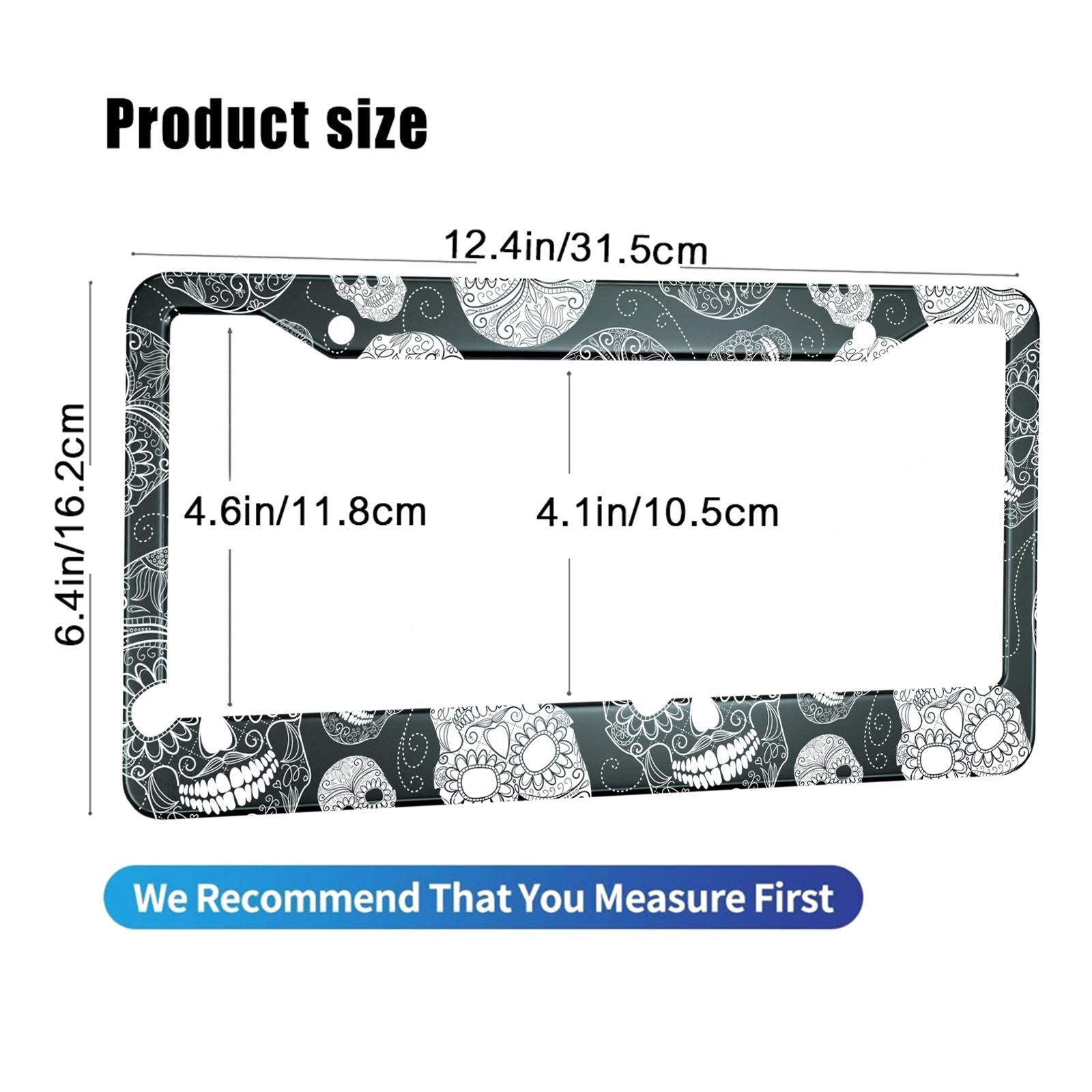 HOSNYE Black and White Sugar Skull License Plate Frame Day of The Dead Cartoon Indian Style Metal License Plate Cover Front Plat